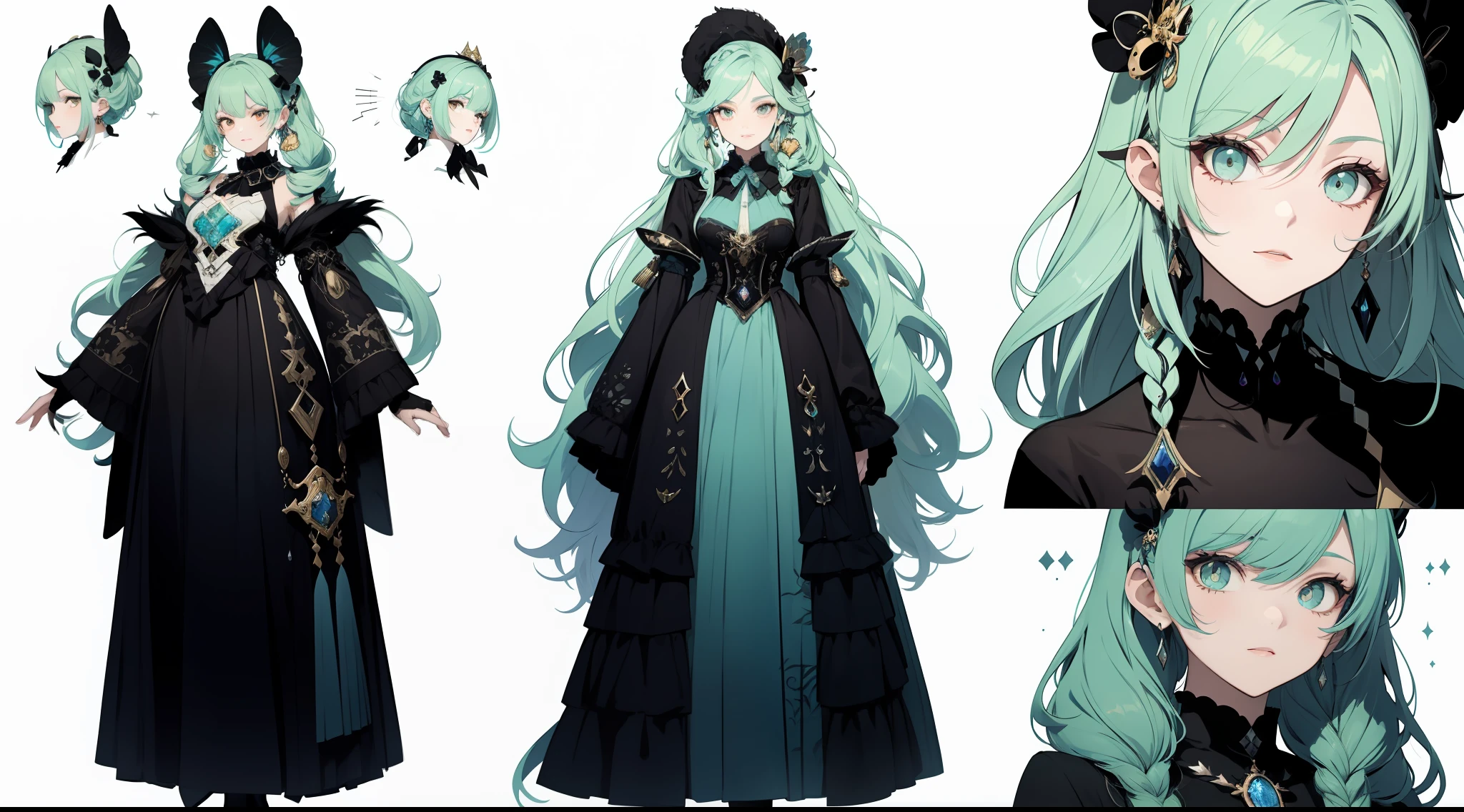 Three-view of roles,character design,Character design,Three View,full bodyesbian,frontage,Lateral face,on back,Set,ta prostitute,Very gorgeous,Maximalism,extreme hight detail,RococoStyle,Super long hair,Complex accessories,Complex hairstyles,Jewelled,extremely colorful,Pick and dye your hair,Gradient hair,Qi bangs,Skirt with gradient color,Opal,diamond,crystal,pearls,Gemstones are anthropomorphic