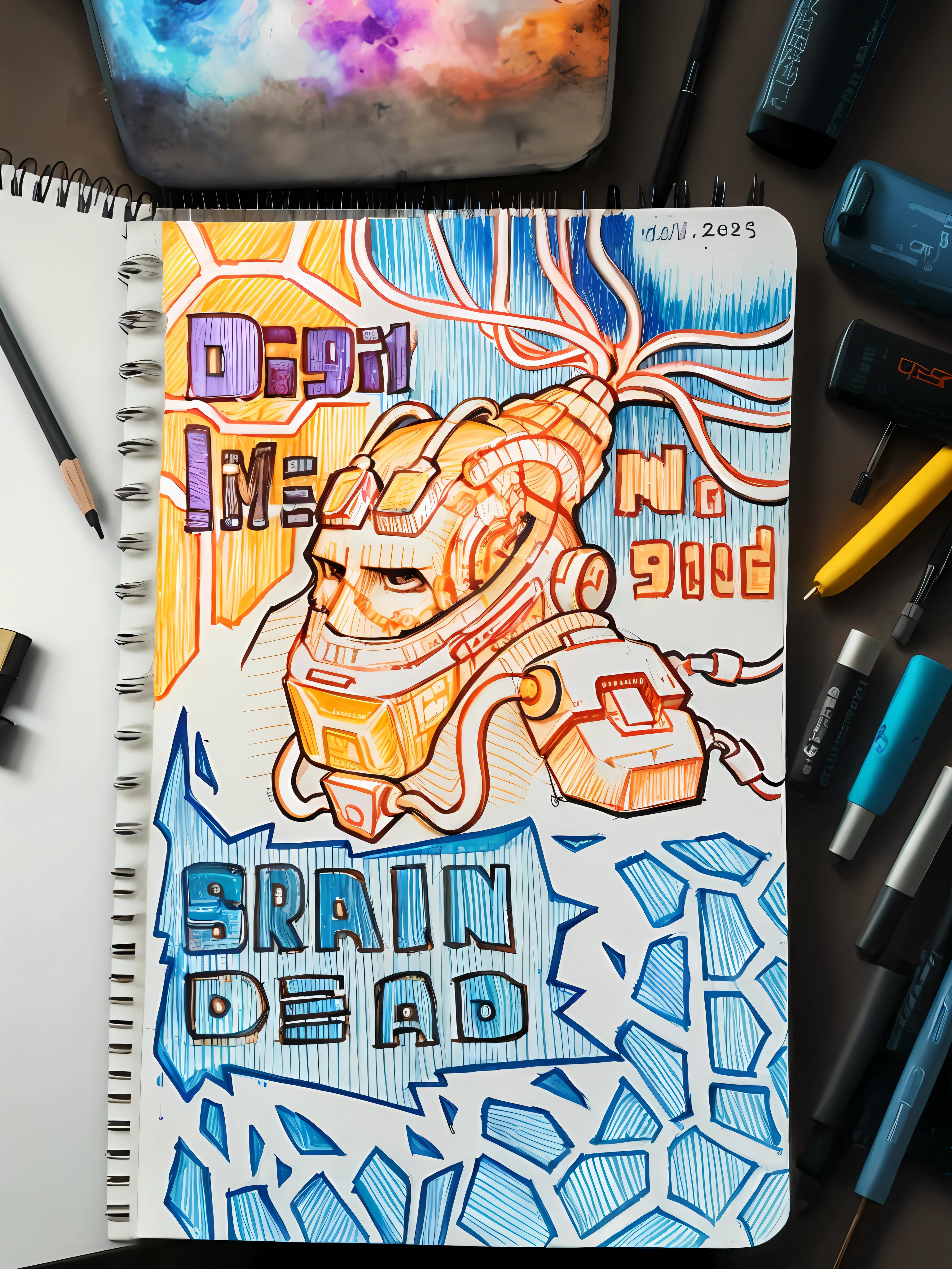 someone is drawing a picture of a book with a picture of a robot, found doodled in a sketchbook, brains, brain, dread scary spaceship, graphic artist davi blight, inspired by Brian Fies, on a notebook page, samus aran fanart, by Brian Fies, silent decay coloring, electronic brain, pipe brain, psychedelic organic cyborg, metal brain!!