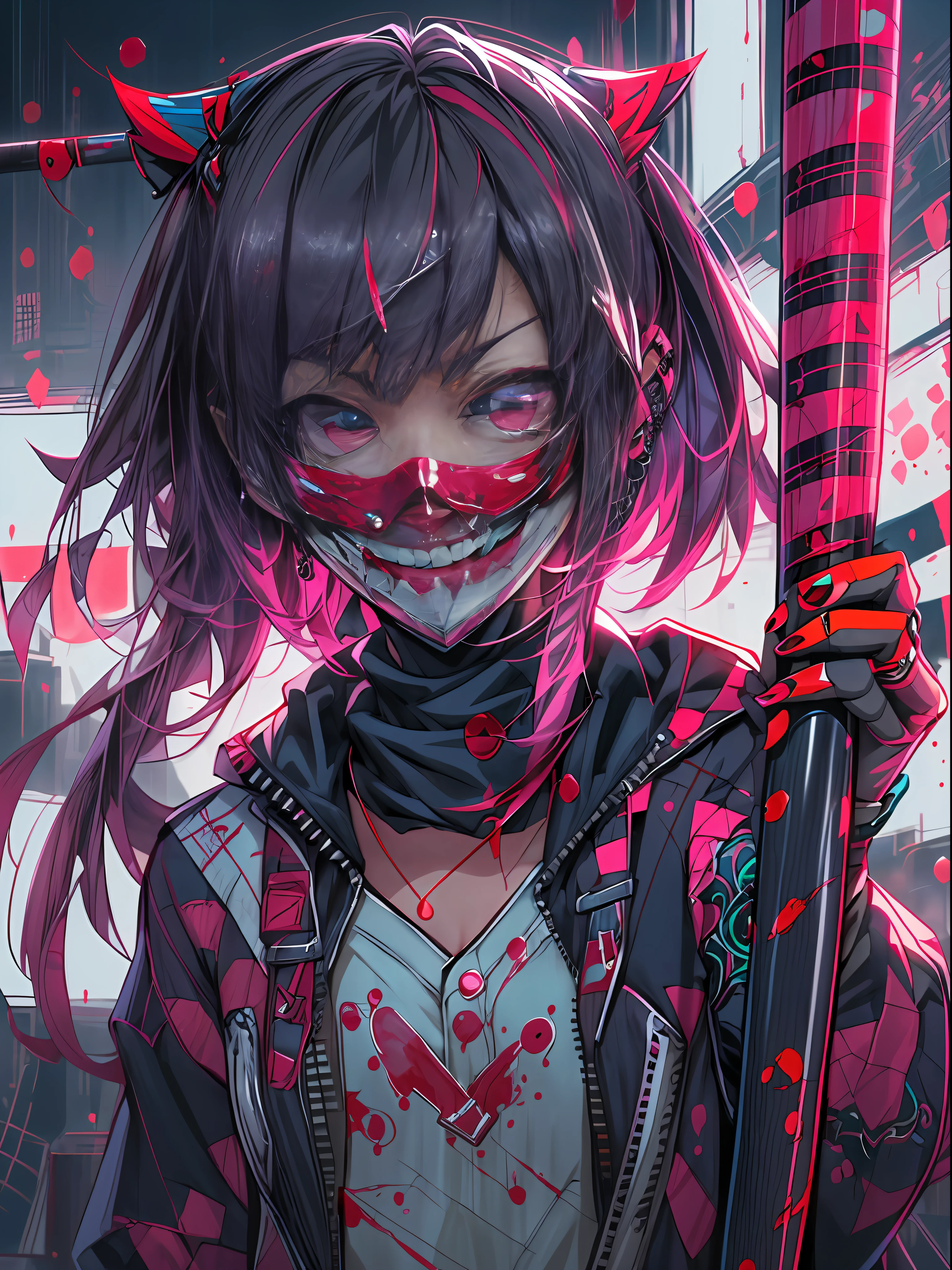 A teenager girl, (cyber style mask), killer, ((holding a bloodstained baseball bat)),evil smile, high detail, 4K, wallpaper, (((anime style)))