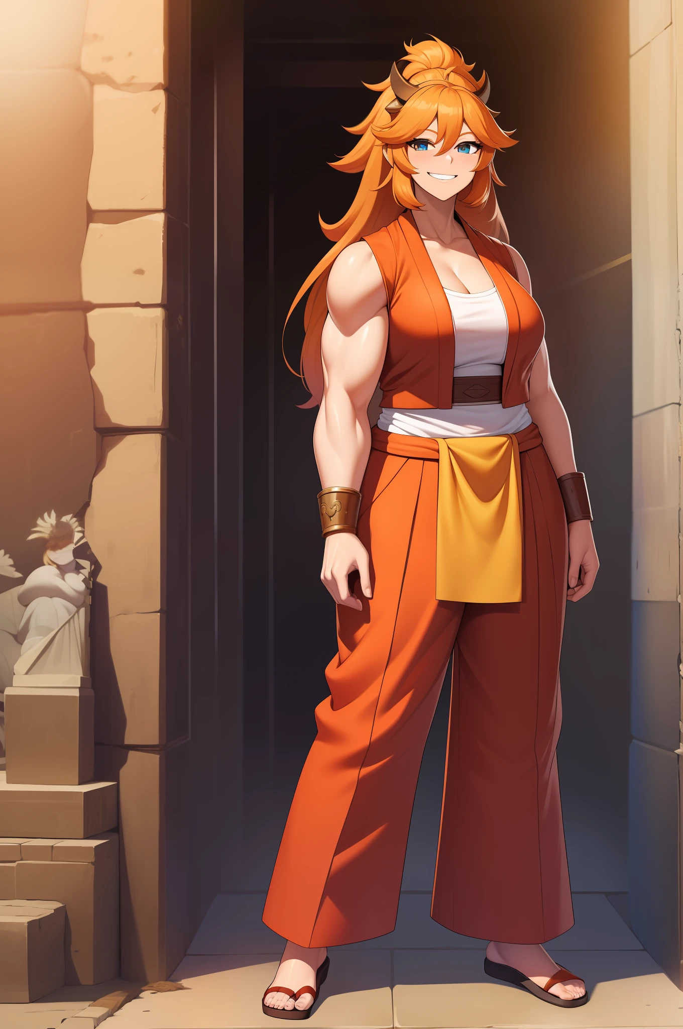 Processus, cheveux orange, grosse poitrine, cheveux longs, cheveux vivants, , seul,, Muscular girl, Grande femelle, sourire, full body, pants, vest, berserker, warrior, revealing cloths, amazone, tribal clothing,kimono, monk