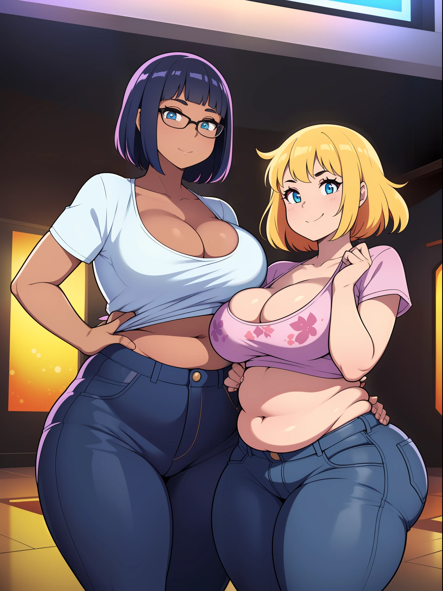 (((kipteitei art))), ((masterpiece)), (((best quality))), ((ultra-detailed)), (((illustration))), detailed face, detailed body, ((2girls)), ((Line art)), (in the style of cell shaded), (vivid colors), skindentation, (((fluffy hair))), looking at viewer, happy, bright smile, tee shirt, blue jeans, skirt, (tight clothes), ((movie theater)), movie theater lobby medium breasts, cleavage, perky breasts, tummy bulge, ((pudgy)), fat folds, (belly hang), soft body, gaining weight, (((wide hips))), ((((thick thighs)))), 2 girls standing next to each other, hip grab,