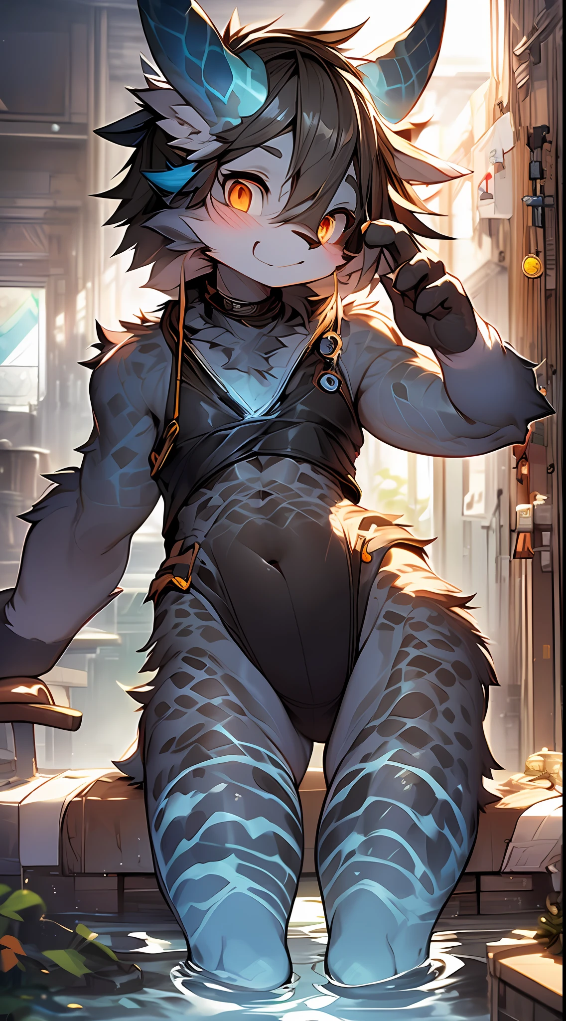 Furry dragon,bit girl,dark gray,Blue-and-black hair,Orange eyes,adolable,Black skin,It has a blue pattern,black reotard,Pure black mid-tube socks,Pure black mid-tube socks,full bodyesbian,nakeness,Shota,emaciated,emaciated,is shy,4K quality,Extreme light and shadow,Smooth and reflective skin