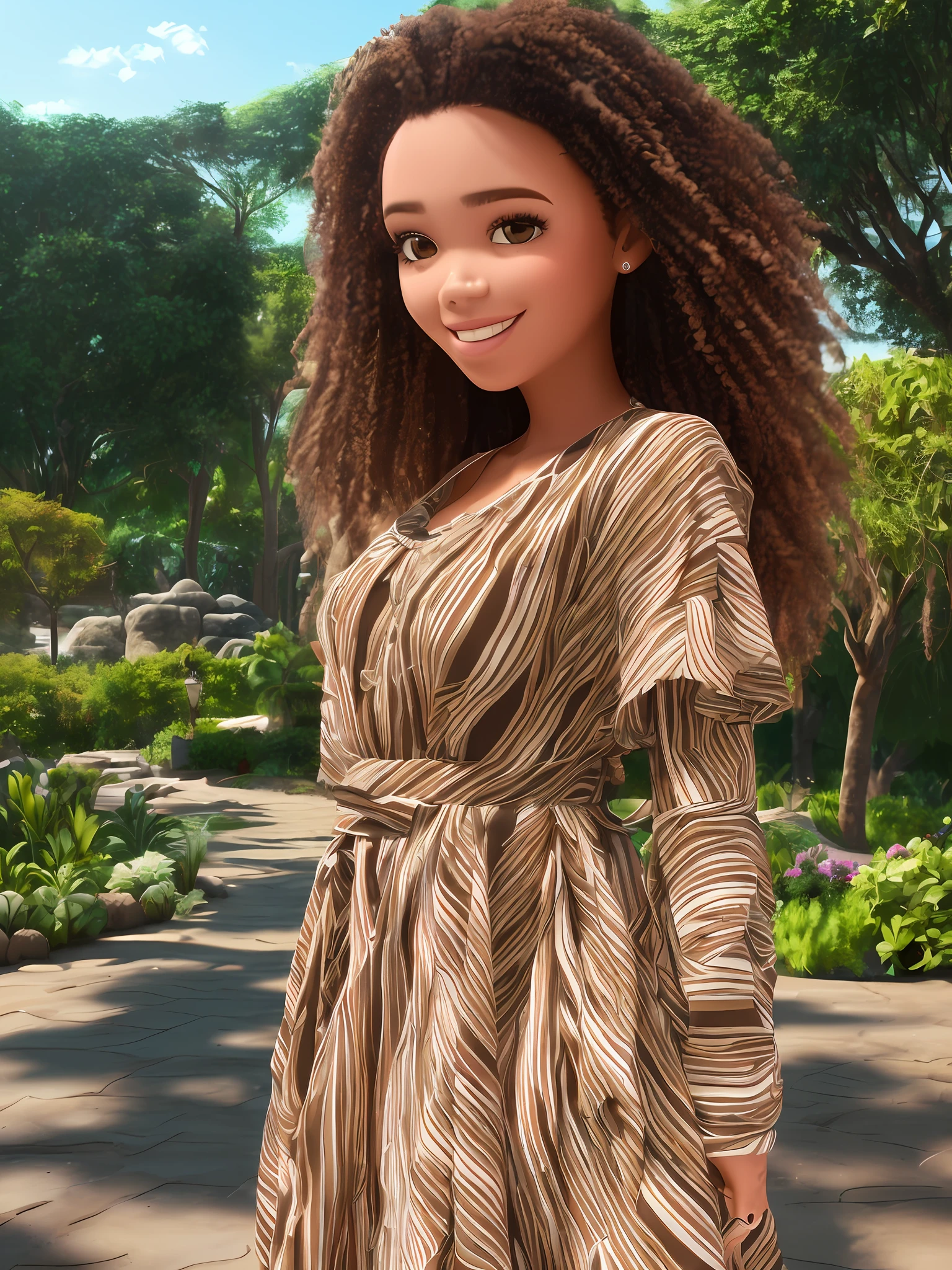3D a little girl is (((pele morena escura))), (((solo))), telegram sticker, sentada na praia, creating a soft, long dress female, (((retrato realismo))), (girl afro-americana) (((brown hair))), (((close-up afeições faciais detalhadas: 1.15))), (((cabelos mega hair))), freedom, profile image, standing confidently, she is the center of the garden, smiling face, listing image, 8k, dreams 100 --auto --s2