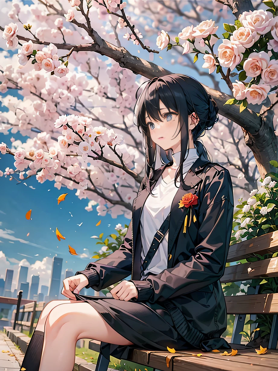 ，Masterpiece, Best quality，8K, 超高分辨率，The protagonist sits on a quiet park bench，A few lonely white carnations bloomed beside him。Between the petals are faint tears，As if blurring the beauty of the carnation。The autumn leaves in the park fall quietly，Echoes the mood of the protagonist。