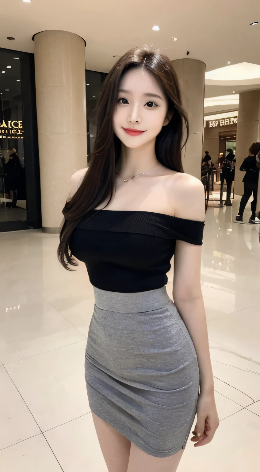 A girl around 33 years old,simplicity,Extremely beautiful and delicate,(light make-up),Black color hair,A sweet smile,Delicate and beautiful fair skin,Realistic and realistic,exquisite and complete facial features,Detailed depiction of the face,tall nose bridge,Red lips,Beautiful, gentle and beautiful girl,Smooth hair,extremely detail hair,Feminine temperament,Fill your face light,hyper realisitc,photorealestic,8K quality,extremy detailed,Realistic details,Works of masters,Realistic to the extreme,big breasts body,Beautiful,Pure desire,Stunning beauty,Peerless beauty,Highest image quality,8K分辨率,goddes,ssmile,Fine facial features,Hair over the shoulder,A brown-haired,Large long thick legs,(((High-waisted French top))),(((short skirt))),rays of sunshine,facing at camera,The body is well-proportioned and firm,Gentle eyes,Exposing thighs,stand posture,Stand inside the mall,Full body photo