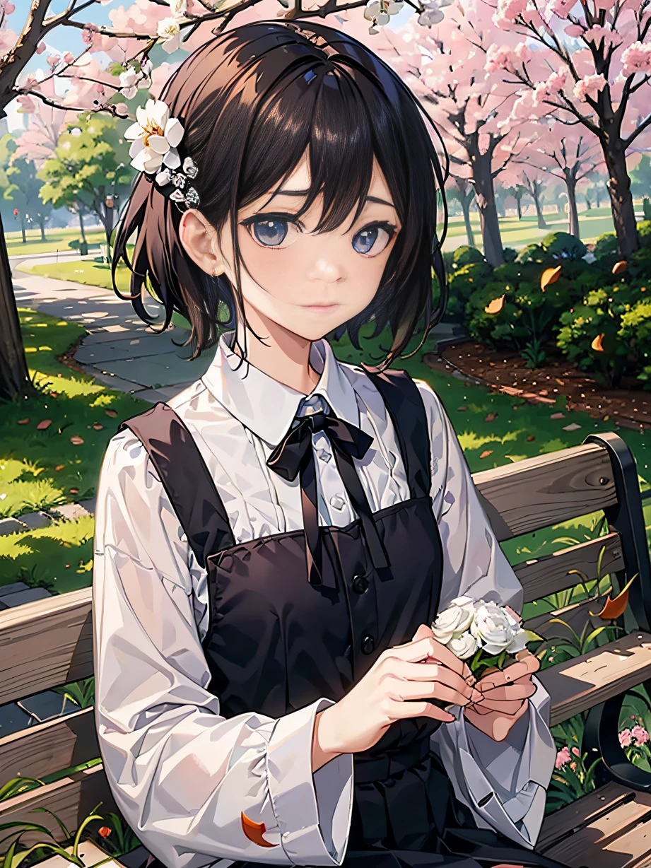 ，Masterpiece, Best quality，8K, 超高分辨率，The protagonist sits on a quiet park bench，A few lonely white carnations bloomed beside him。Between the petals are faint tears，As if blurring the beauty of the carnation。The autumn leaves in the park fall quietly，Echoes the mood of the protagonist。