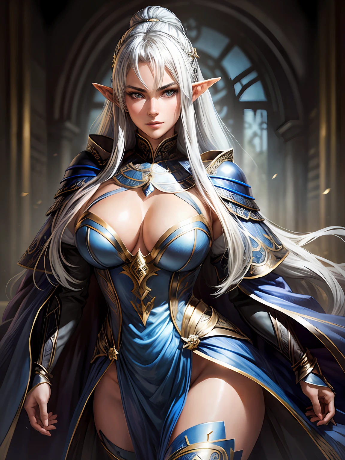 (masterpiece、top-quality、top-quality、Official art、Beautifully Aesthetic:1.2)、Very beautiful young elf、 cleavage of the breast、large full breasts、length hair、ue、Intricate gold and blue super armor、Complex black cloak、Complex white metal leggings on legs、borgar、silber hair、de pele branca、blue eyess、illustratio