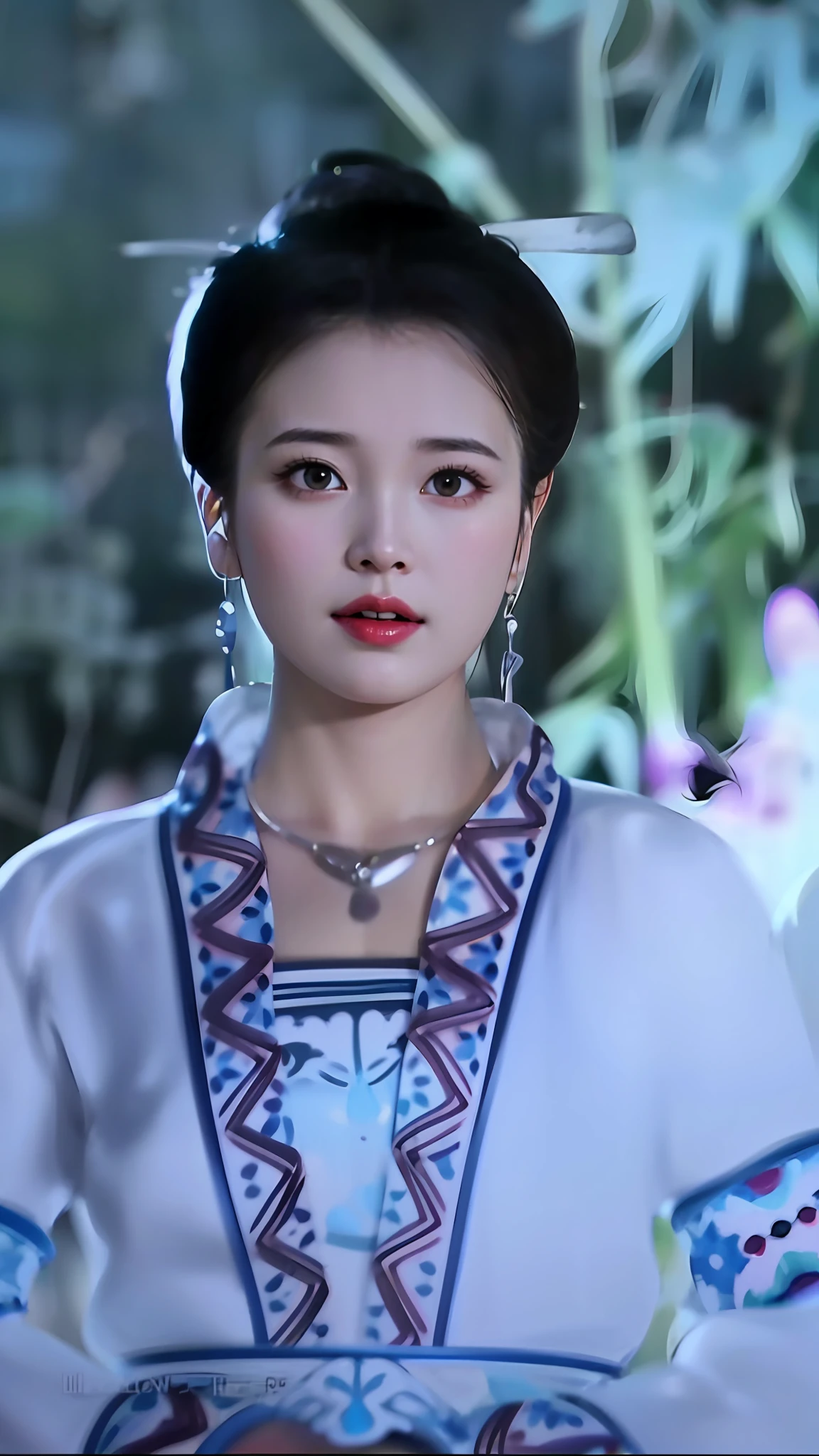 a close up of a woman wearing a white dress and a necklace, Traditional beauty, ruan jia beautiful!, Palace ， A girl in Hanfu, ancient chinese beauti, inspired by Luo Mu, inspired by Zhang Yin, Inspired by Huang Ji, Wearing ancient Chinese clothes, Princesa chinesa antiga, Inspired by Song Maojin, inspired by Xu Xi, inspired by Qian Gu