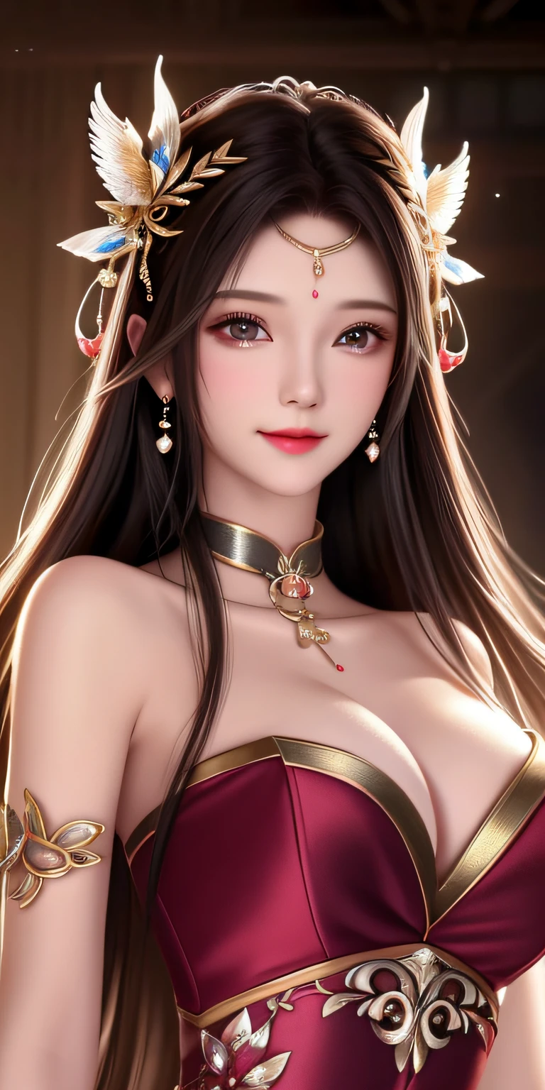 best qualtiy, tmasterpiece, A high resolution, 1girll,Bigchest,huge tit, Clear red silk porcelain dress, beauitful face, hair adornments, looking at viewert, ssmile, Shut your mouth, cparted lips, shift dresses, hair adornments, choker necklace, jewely, long whitr hair, 耳Nipple Ring, beauitful face, upon body, Tyndall effect, hentail realism, Dark Studio, edge lit, twotonelighting, (highdetailskin: 1.2), 8K Ultra HD, digital SLR camera, softlighting, high high quality, Volumetriclighting, photore, High resolution 4K, 8K, The background is blurred out