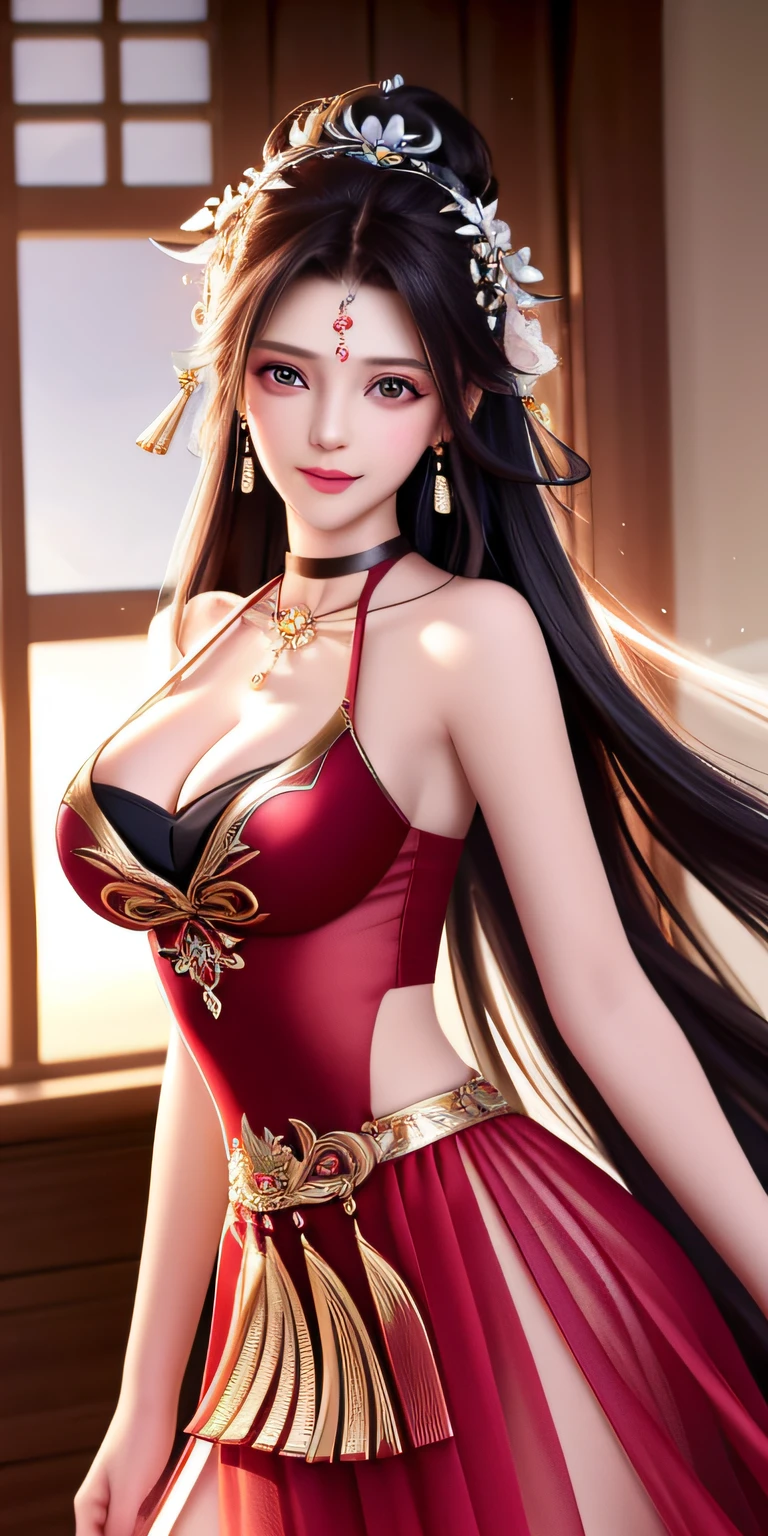 best qualtiy, tmasterpiece, A high resolution, 1girll,Bigchest,huge tit, Clear red silk porcelain dress, beauitful face, hair adornments, looking at viewert, ssmile, Shut your mouth, cparted lips, shift dresses, hair adornments, choker necklace, jewely, long whitr hair, 耳Nipple Ring, beauitful face, upon body, Tyndall effect, hentail realism, Dark Studio, edge lit, twotonelighting, (highdetailskin: 1.2), 8K Ultra HD, digital SLR camera, softlighting, high high quality, Volumetriclighting, photore, High resolution 4K, 8K, The background is blurred out