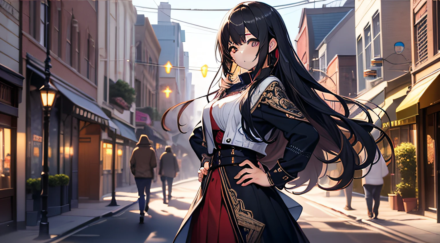 (the Extremely Detailed CG Unity 8K Wallpapers,Best Quality), Hands on hips and proudly、Black hair long straight hair、1girl、Clothes and hair fluttering in the wind、main street