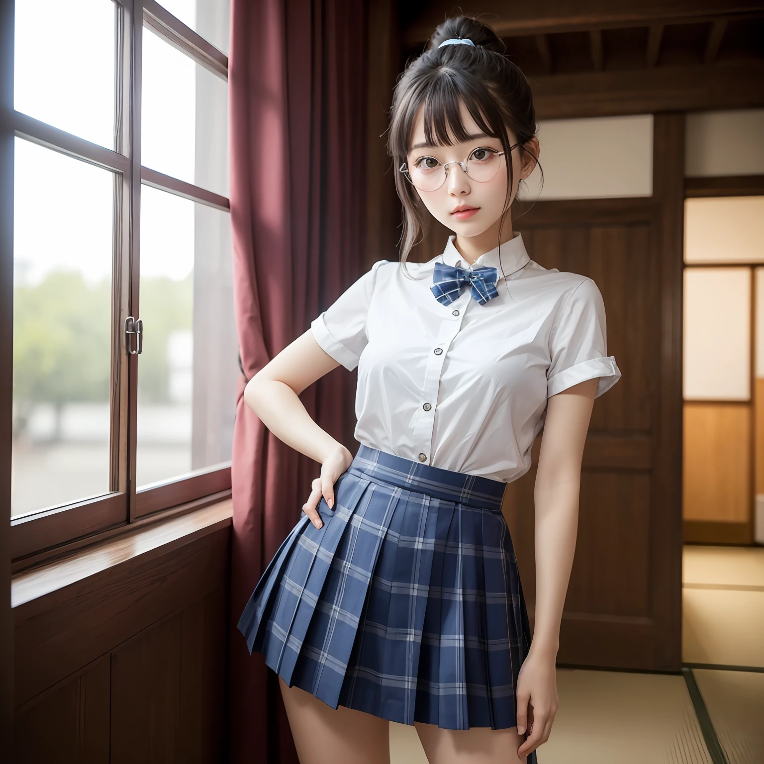 （8K、Raw photography、top-quality、​masterpiece：1.2）,full body Esbian,​masterpiece,top-quality、超A high resolution,Raw photo,ren,Beautiful fece,One Person, 独奏,eye glass,,Dark look,Small breasts,fullllbody,Round glasses、cute little、A Japanese Lady,is standing,(Tight eyes,Bullish,skinny,Rasping,irate,small tits,flat breast)、（Photorealsitic：1.37）、Photon mapping,Light blue ribbon,Realistic、Cute little face,Brown-eyed、Black socks、Red bow tie、Radio City、Physically Based Rendering、Foreground、depth of fields、Blurry background、a picture,The girls、Body, Long legs, Thin leg, Single knot ponytail,Let your hair flow forward、(Bangs are visible), hair, s lips, Blue_The eye, nosesoft,  Light blue shirt, Navy blue and blue and white plaid pleated skirt, Sheer clothing,, Thigh, Black cotton socks,Nogizaka Idol, 女優, Japanese ido