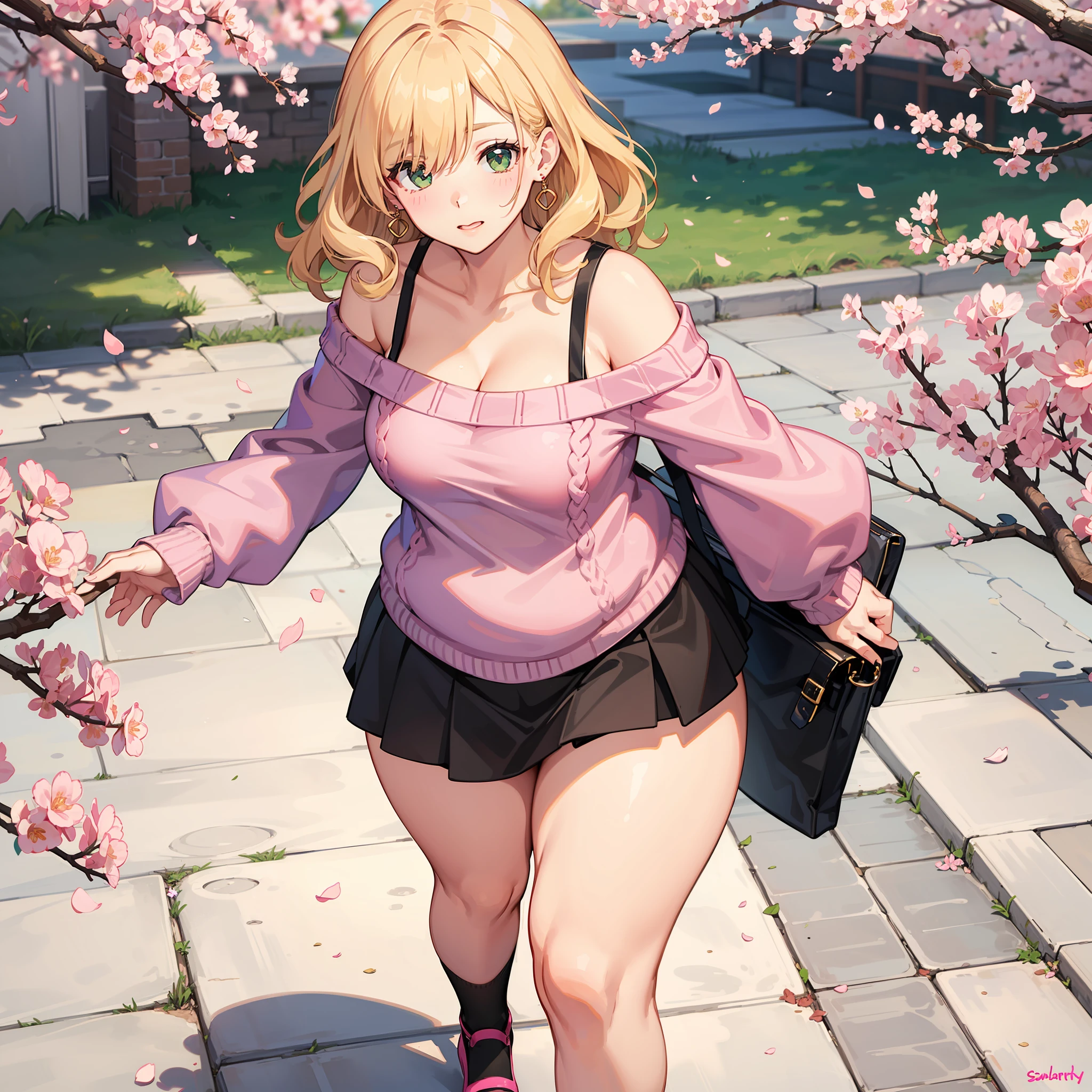 Blonde hair, (1girl), green eyes, hair over one eye, curly hair, small breasts, (chubby:1.3), thick thighs, big hips, black skirt, pink earrings, cherry blossoms, pink sweater, off shoulder sweater, black stockings, pink shoes, pink flower pin, portrait