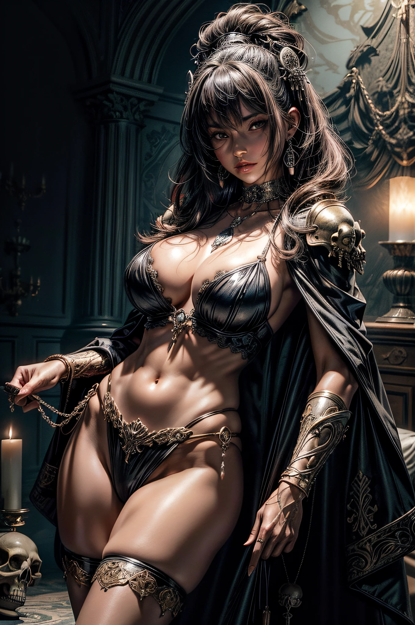 striated hair, asymmetrical bangs, crystal hair, Shiny hair, anchor choker, skull hair ornament, crystal earrings, red blush, cleavage of the breast, abdominals, thighs thighs thighs thighs, (Very shiny skin), (very juicy skin),Bikini armor with luxurious decoration、Richly decorated intricately shaped cape、robe、cloaks、 Cinematic lighting, spark of light, reflective light, drop shadow, Best Quality, masutepiece, Anatomically correct, Textured skin, Super Detail, hight resolution, in 8K, Antique furniture on the back shelf,Luxurious antique bed, Lots of skulls rolling on the floor, Candle standing on the skull, Skull Cup,Lots of antique lamps、Candle flame、Dynamic Actions、dynamicposes