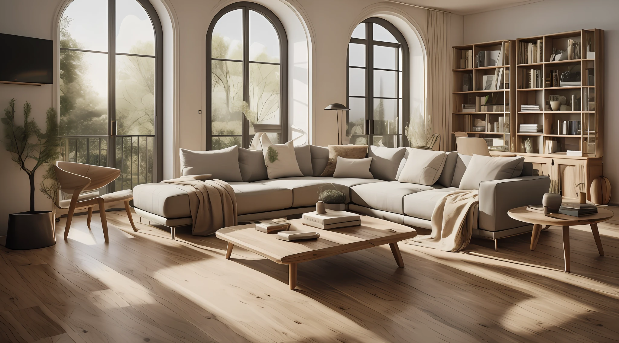 A digital illustration image of a modern living room with a large window and shelf. The living room has a large gray sectional sofa with cushions in different shades of yellow and gray. There is a wooden coffee table in front of the sofa with books, un plateau, et un vase dessus. To the left of the sofa, There is a gray armchair with a blanket and a potted plant next to it. The library is made of wood and is filled with books and decorative objects. Le sol est en bois clair et il y a un tapis sous la table basse. The window is arched and offers views of the trees and blue skies