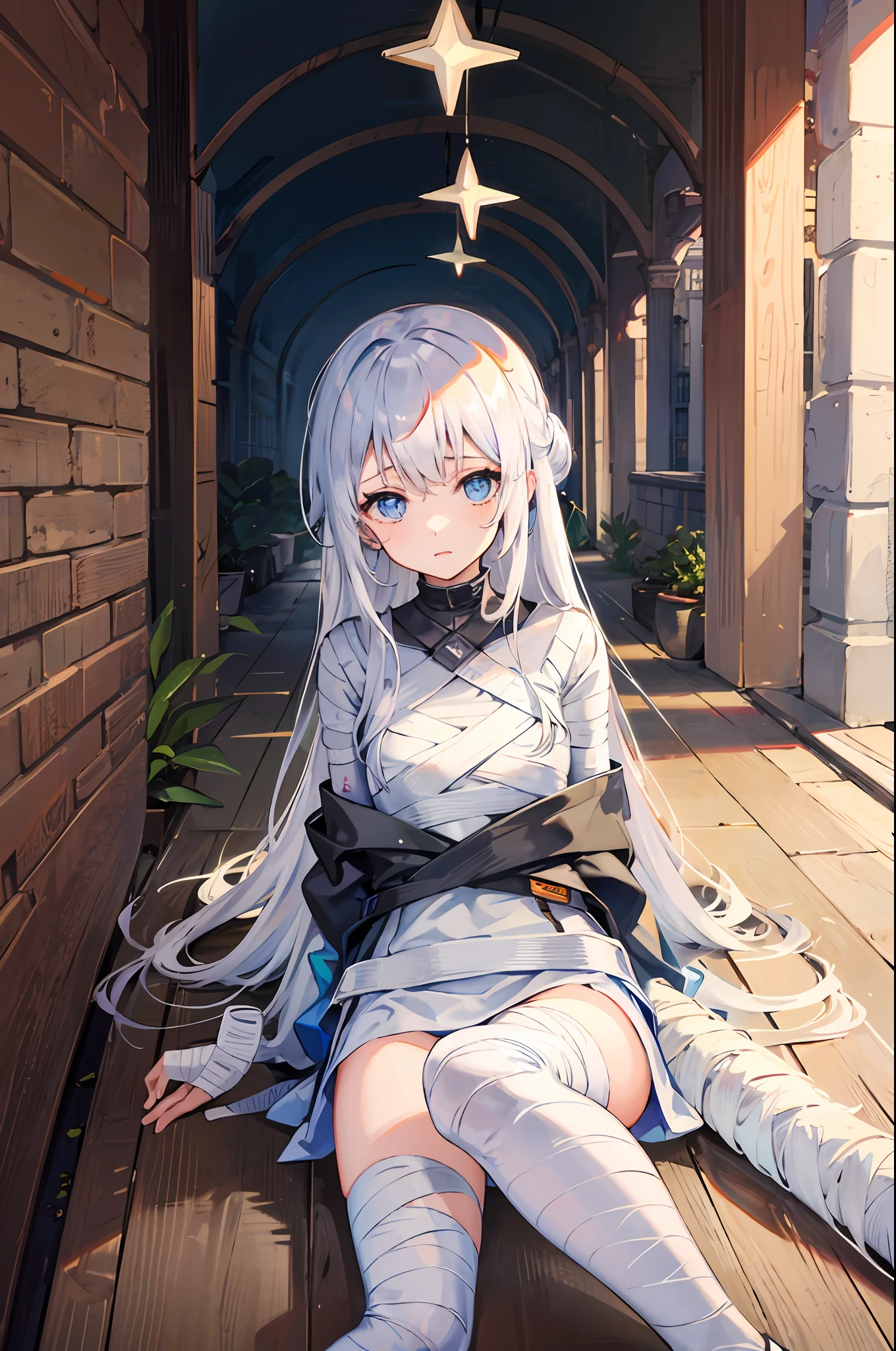 Masterpiece, solo, 1girl, bound, bandages, white hair, long hair, (updo), blue eyes