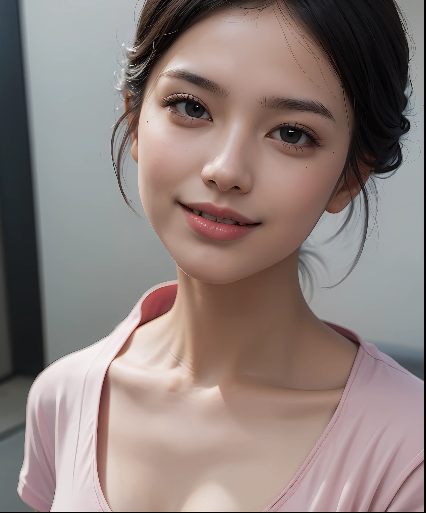 a RAW photo of girl, (RAW skins), (masterpiece:1.1), best quality, ultra high res, high detailed, (photorealistic:1.4), face detail, detailed eyes, detailed face, 1girl, (white skin:1.2), (pink lips), nervous smile, (short tshirt), ((medium black hair)), (big breast:1.2), focus on viewers, beautiful sky, modern, Surrealism, close up, from below (realistic:1.3), f/16, Nikon, 135mm, super detail, best quality, high res, 16k