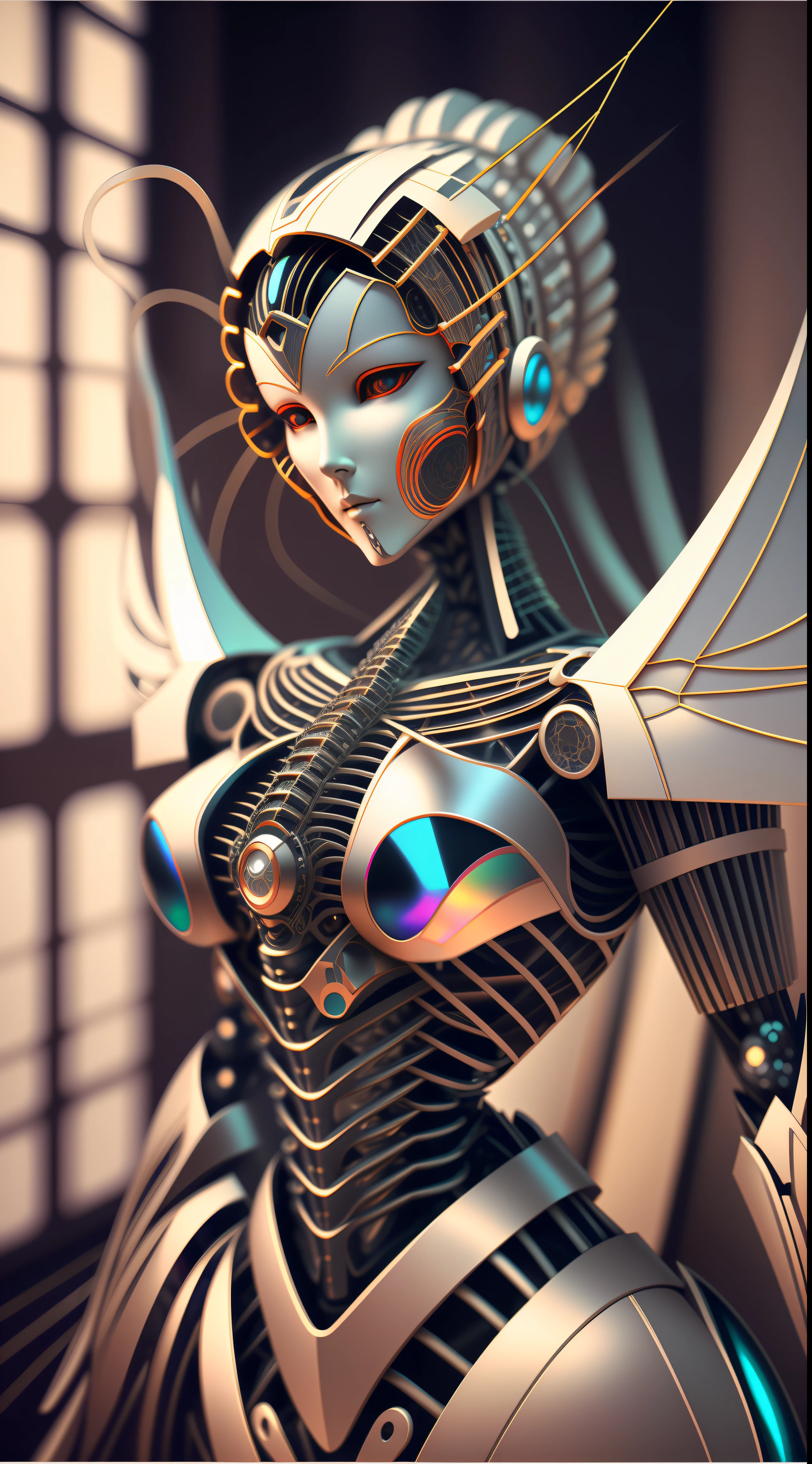 Nousr Robot, sophisticated 3D rendering with ultra-detail of the beautiful angel of death, biomechanical cyborg, analog, 150mm lens, Beautiful natural soft light around the edges, large leaves and stems, roots, fine foliage lace, colorful details, samurai, Costume by Boris Bijan Saberi, pearl earring, piercing, Art Nouveau embroidery, intricate details, mesh wire, mandelbrot fractal, anatomical, facial muscles, cable wires, microchip, bully, A hyper-realistic, Ultra-detailed, Octane rendering, voluminous lighting, 8k post-production, red and white with a hint of black, Detailed metal bones, half-human, iridescent colors, Glenn Brown style, The White Room, The Power of God, foreshortening, Difficult poses