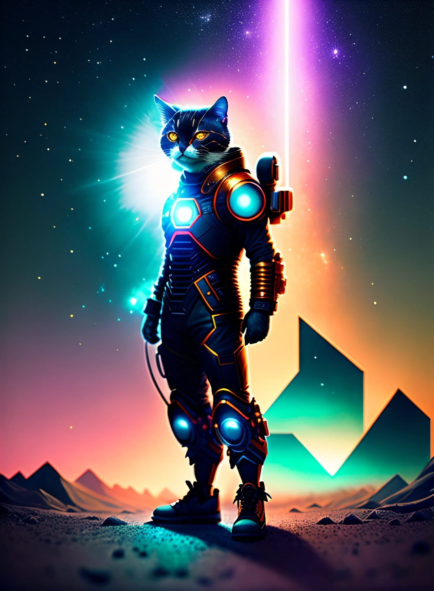 Drawing of a cat in an Iron Man costume, Trend at Artstation, Iron Man nano costume, Detailed surrealist rendering, A fierce-eyed,White eyeballs, Standing on both feet,full bodyesbian,looking at viewert,Wear gloves,Street style, intimidating pose, planet of cats, fashionable attire, Urban Samurai, Meow, West Slavic features, tmasterpiece, best qualtiy, Realiy, Shot, realisticlying, Dull colors,White-gray hair, Strange geometry, Confusing, multi-dimensional, Light diffraction,Caustics,(rootkowski),(Beautiful face with details,detail skin texture,Ultra-detailed body:1.1), Strange geometry, disarray, multi-dimensional, Unusual shape, Starcloud, black hole, darkly, Destroyed planet,fisheyelens,ssee-through,with light glowing,aurora borealis,Bright colors,another planet,atmospheric scene,Breathtaking landscapes,((Cyberpunk Henry Cavill as Demon Hunter)),the sideview,(neon glowing),Professionally capture the essence of an epic cinematic experience, (lens flare glow:0.7), Particle effect, Ray traching, cinmatic lighting, shallowdepthoffield, Shot on Sony Alpha 1,50mm wide angle lens,Clear focus,Film stills,absurderes, 8K quality,diffuselighting,A high resolution,(Dark shots:1.17),Epic realism,Faded,((com cores neutras)), Artistically, (hdr:1.5), (pastelcolor:1.2), Hyper-detailing, (art stations:1.5), cinematic ligh, (rootkowski), warm lights,Dramaticlight,(complexdetails:0.8),(rootkowski)