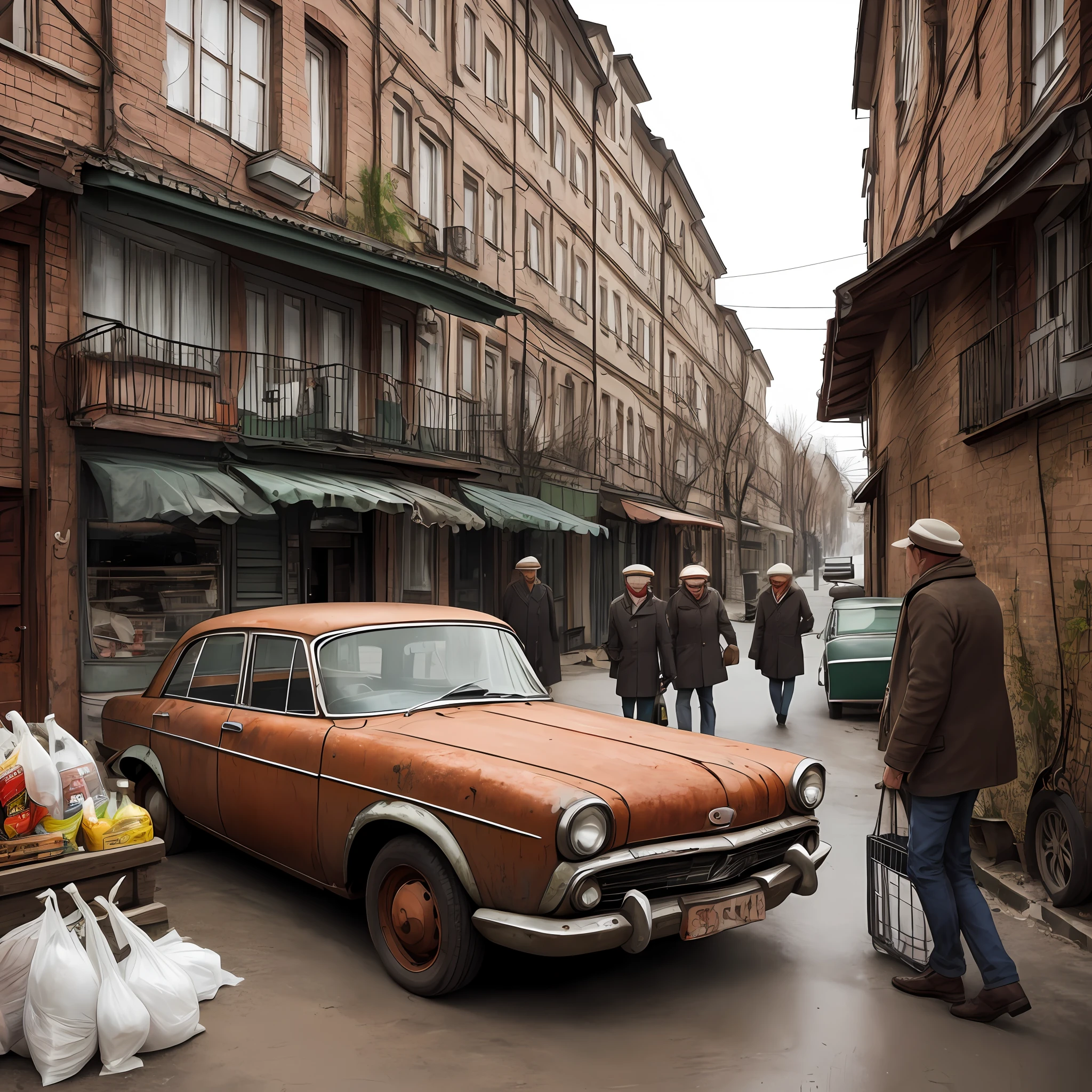 Rusty old Soviet car parked in a corner of a suburban street in the Soviet Union, people in fur coats walking by with plastic bags full of groceries, some drinking vodka straight from the bottle.