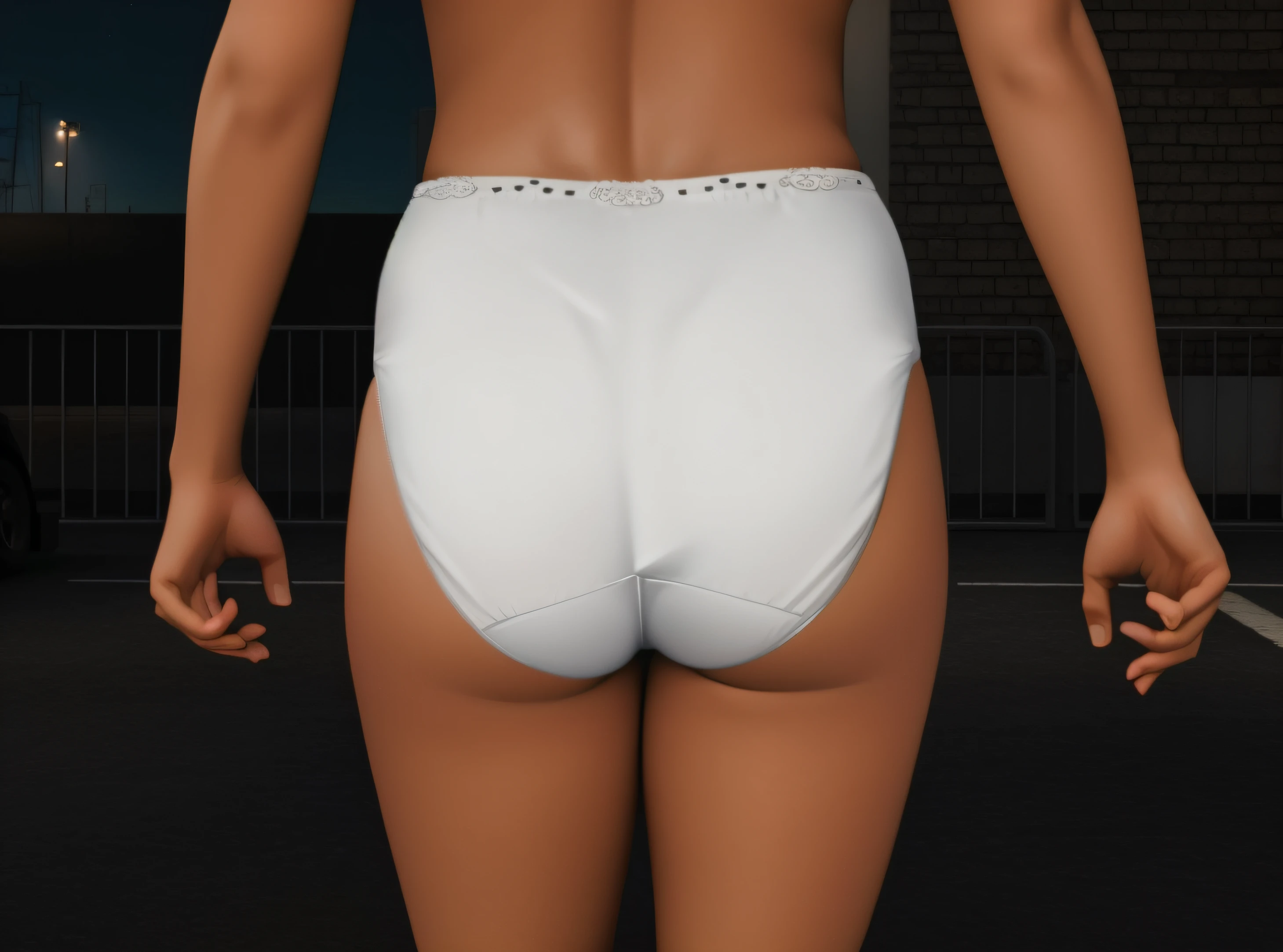 ((masterpiece, best quality)), Curvy black woman in white cotton panties, in a parking lot, photo realistic, intricate details