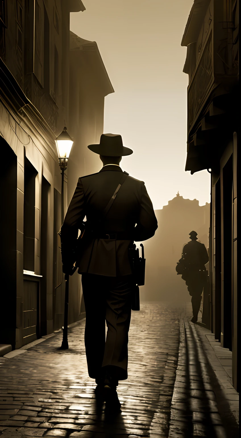 (masterpiece, UHD, detailed:1.3), elusive warfare specialist, (dark uniform:1.1), guiding Mossad agents, stealthy movements, covert operation, backdrop of old 1950s European town, narrow, cobbled streets, antique cars, dim street lamps, (mysterious shadows:1.2), (vintage sepia effect:1.4), faded edges, noir atmosphere, photographed from behind the specialist, intrigue.