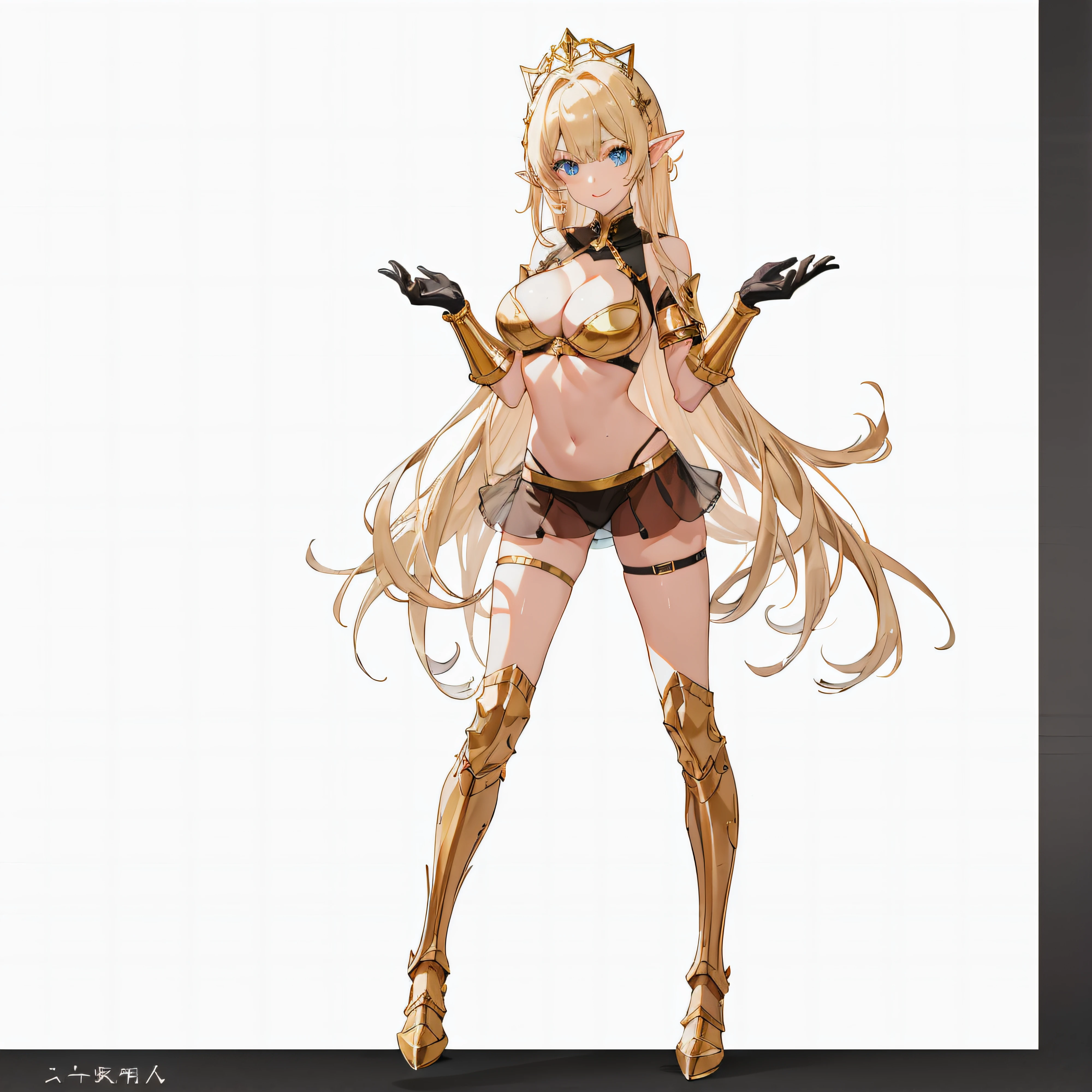 Black Panties、Transparent skirt、Full body like、A smile、Very slender、Anime girl with blonde hair and gold armor posing naked、anime girl with a very big breast and a very big breast、Elven Girl、anime goddess、Perfect Style、The fleshy feeling of whip、a blond、Blue eyes、alluring elf princess knight、Very open chest、oppai proportions、(Exposed seductive attractive cleavage:1.3)、Lower breast、You can almost see the areola、Wet sheer skirt、Ultra-thin skirt、Ecchi anime style、Glittering golden armor、Angel Smile、angelic golden armor、Glamorous bikini armor、Beautiful fingers、Gold hair ornament、Gold bangles、Gold ankles、Gold Long Boots、Girl in armor、Sexy body、Emphasizes cleavage、Black panties