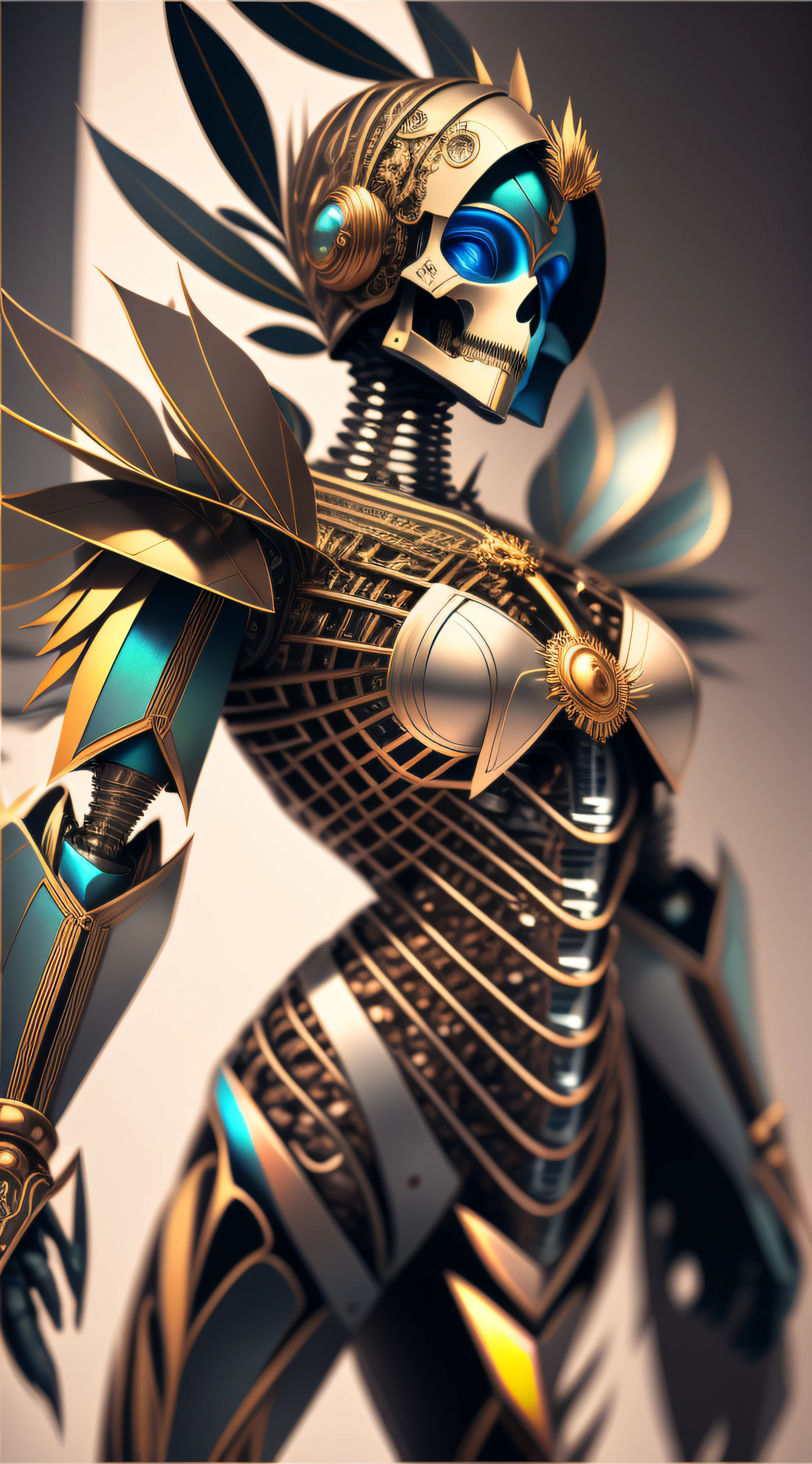 Nousr Robot, sophisticated 3D rendering with ultra-detail of the beautiful angel of death, biomechanical cyborg, analog, 150mm lens, Beautiful natural soft light around the edges, large leaves and stems, roots, fine foliage lace, colorful details, samurai, Costume by Boris Bijan Saberi, pearl earring, piercing, Art Nouveau embroidery, intricate details, mesh wire, mandelbrot fractal, anatomical, facial muscles, cable wires, microchip, bully, A hyper-realistic, Ultra-detailed, Octane rendering, voluminous lighting, 8k post-production, red and white with a hint of black, Detailed metal bones, half-human, iridescent colors, Glenn Brown style, The White Room, The Power of God, foreshortening, Difficult poses