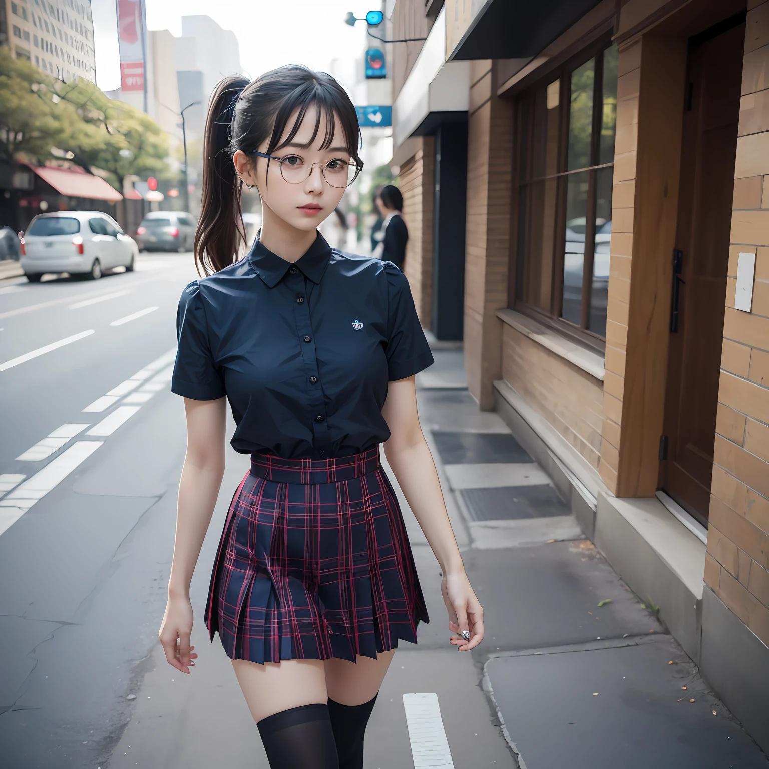 (8K、Raw photography、top-quality、masterpiece:1.2),full body Esbian,masterpiece,top-quality、超A high resolution,Raw photo,ren,Beautiful fece,One Person, 独奏,eye glass,,Dark look,Small breasts,fullllbody,Round glasses、cute little、A Japanese Lady,is standing,(Tight eyes,Bullish,skinny,Rasping,irate,small tits,flat breast)、(Photorealsitic:1.37)、Photon mapping,Light blue ribbon,Realistic、Cute little face,Brown-eyed、Black socks、Red bow tie、Radio City、Physically Based Rendering、Foreground、depth of fields、Blurry background、a picture,The girls、Body, Long legs, Thin leg, Single knot ponytail,Let your hair flow forward、(Bangs are visible), hair, s lips, Blue_The eye, nosesoft, Light blue shirt, Navy blue and blue and white plaid pleated skirt, Sheer clothing,, Thigh, Black cotton socks,Nogizaka Idol, 女優, Japanese ido