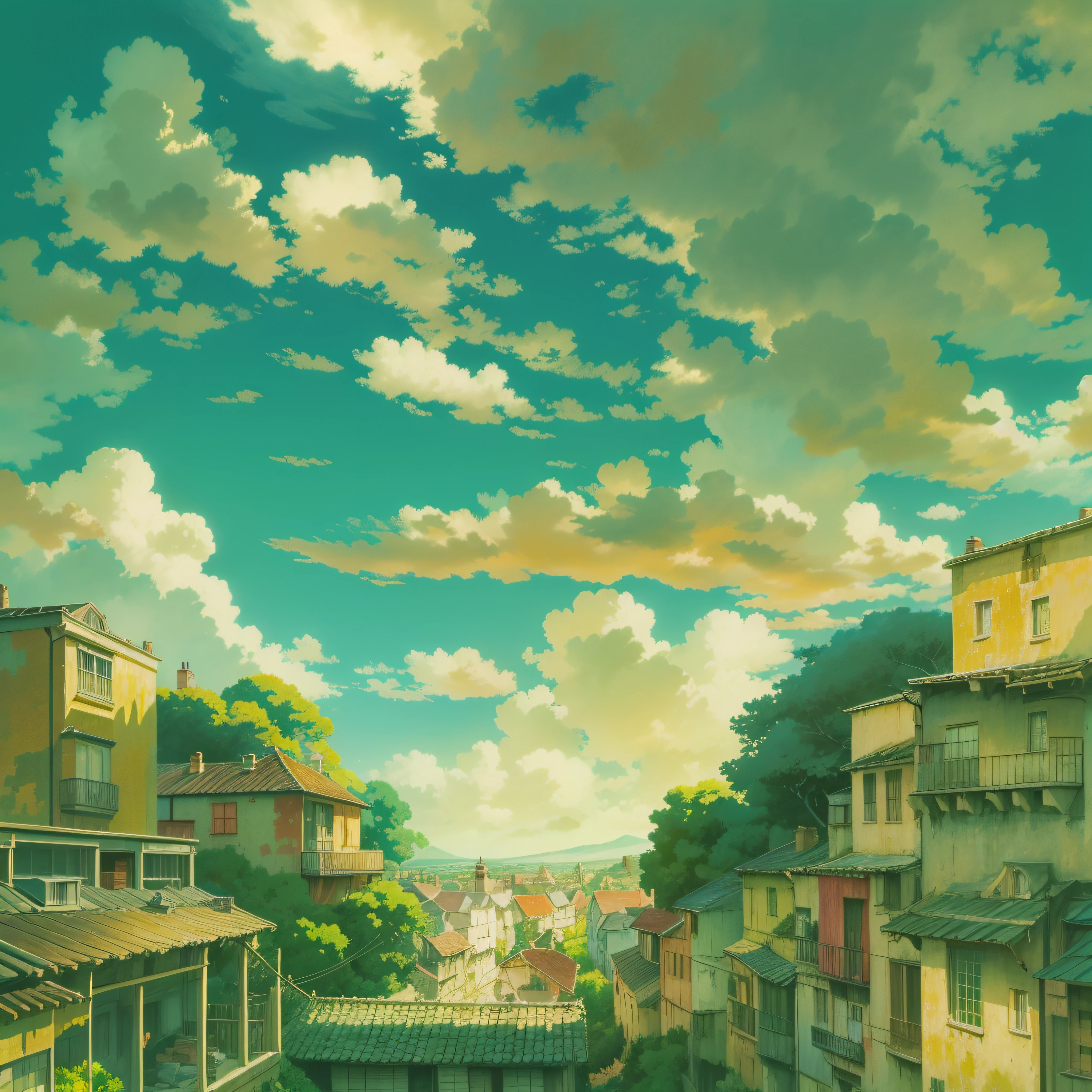 animesque、Skyscape with clouds、Landscape without buildings、You can see the touch of the brush、Studio Ghibli、Ghibli、a sultry、the ground is wet、Scenery、Style、Golden Time、sky line