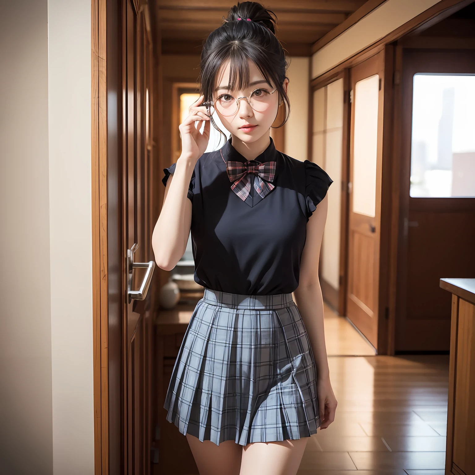 (8K、Raw photography、top-quality、masterpiece:1.2),full body Esbian,masterpiece,top-quality、超A high resolution,Raw photo,ren,Beautiful fece,One Person, 独奏,eye glass,,Dark look,Small breasts,fullllbody,Round glasses、cute little、A Japanese Lady,is standing,(Tight eyes,Bullish,skinny,Rasping,irate,small tits,flat breast)、(Photorealsitic:1.37)、Photon mapping,Light blue ribbon,Realistic、Cute little face,Brown-eyed、Black socks、Red bow tie、Radio City、Physically Based Rendering、Foreground、depth of fields、Blurry background、a picture,The girls、Body, Long legs, Thin leg, Single knot ponytail,Let your hair flow forward、(Bangs are visible), hair, s lips, Blue_The eye, nosesoft, Light blue shirt, Navy blue and blue and white plaid pleated skirt, Sheer clothing,, Thigh, Black cotton socks,Nogizaka Idol, 女優, Japanese ido