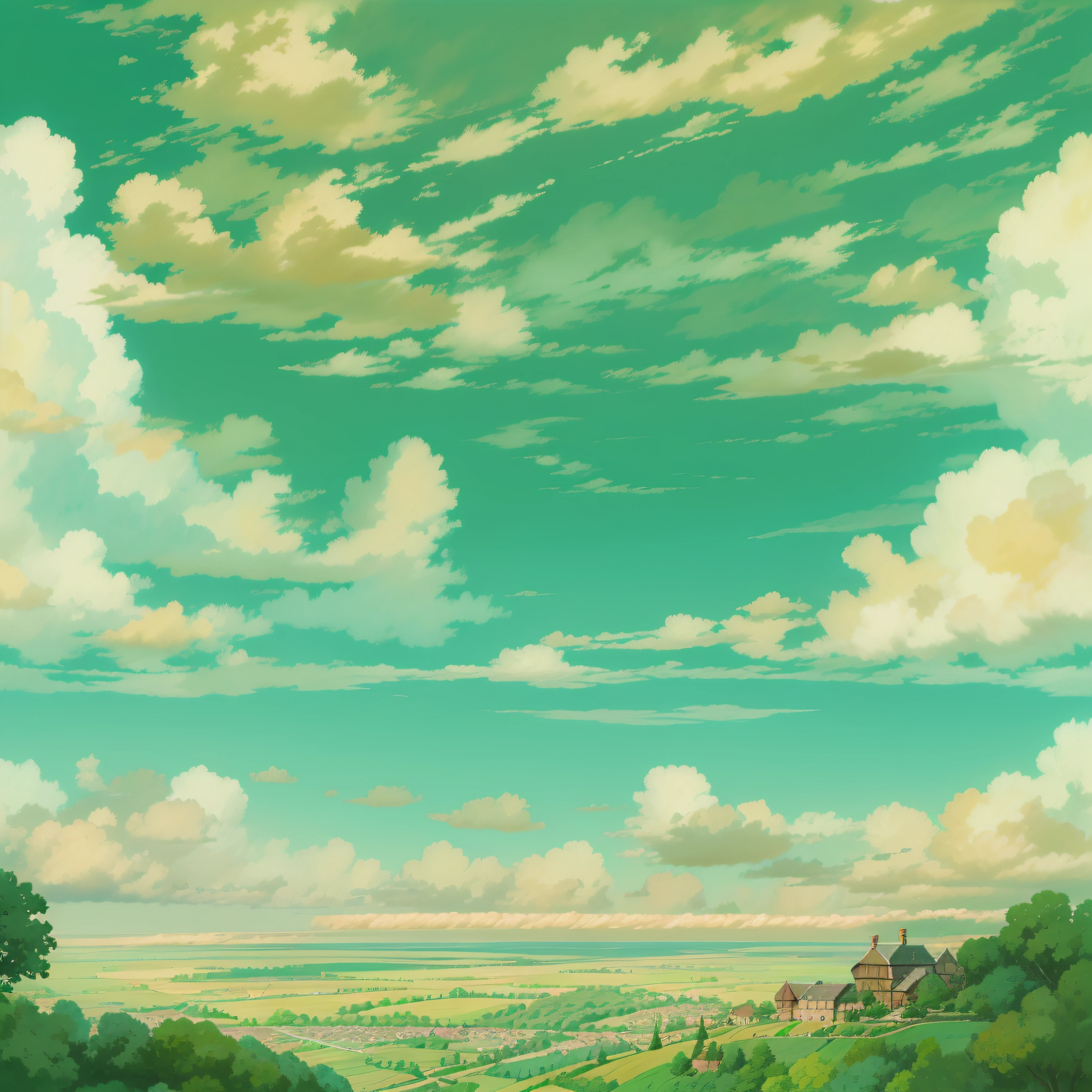 animesque、Skyscape with clouds、Landscape without buildings、You can see the touch of the brush、Studio Ghibli、Ghibli、a sultry、the ground is wet、Scenery、Style、Golden Time、sky line