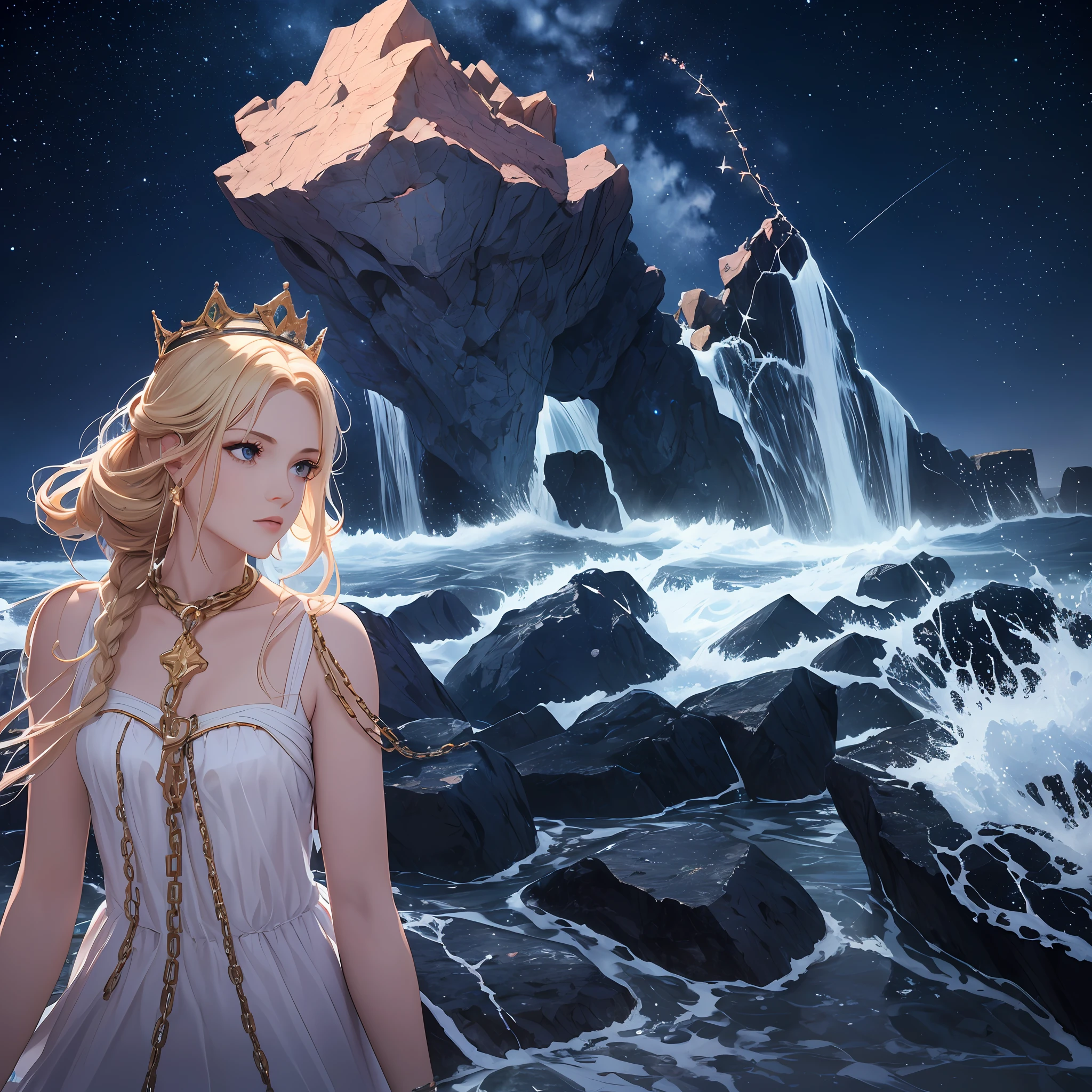 arafed, high details, best quality, 8k, [ultra detailed], masterpiece, best quality, (extremely detailed), a picture of a princess tied to a massive rock (1.3 Masterpiece, intense details) in a stormy sea (1.3 Masterpiece, intense details) with chains at night, blond hair hair, braided hair, crown (1.3 Masterpiece, intense details), white dress (1.4 Masterpiece, intense details), star light, distressed, Andromeda constellation in the background (1.4 Masterpiece, intense details), Ultra-Wide Angle, high detail, award winning, best quality, HD, 8K, 3D rendering, high details, best quality, highres, ultra wide angle, 3D rendering, [[anatomically correct]]