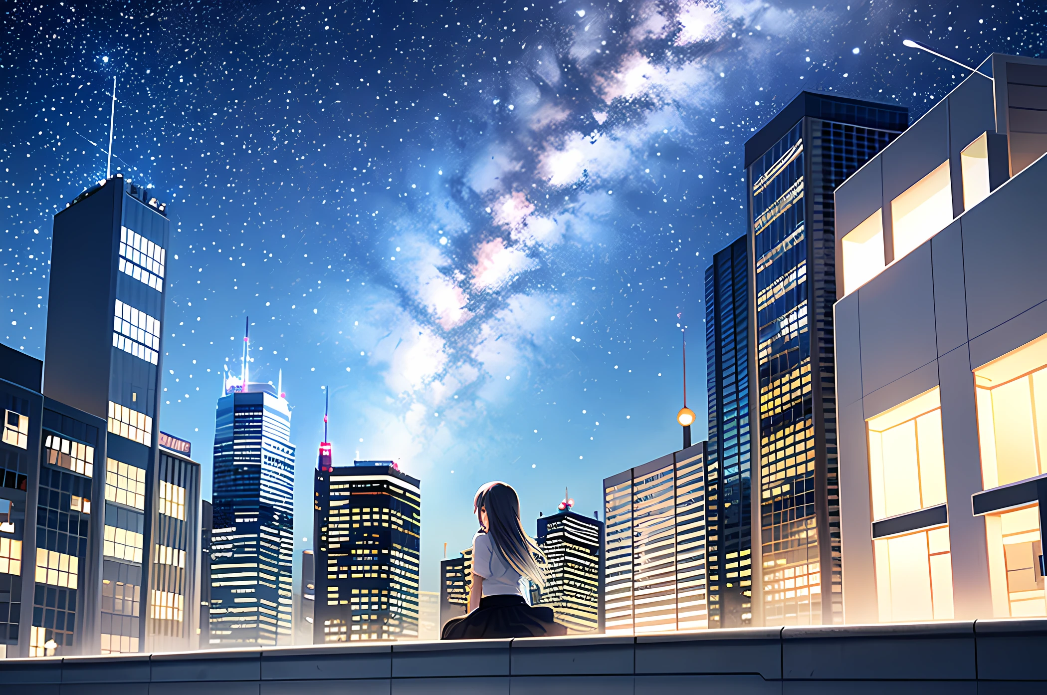 octane, sky, Star (sky), scenery, Starry sky, Night, 1girll, Night sky, Solo, Outdoors, signatures, Building, Cloud, Milky Way, Sitting, tree, a white long skirt,long whitr hair, City, Silhouette, Cityscape