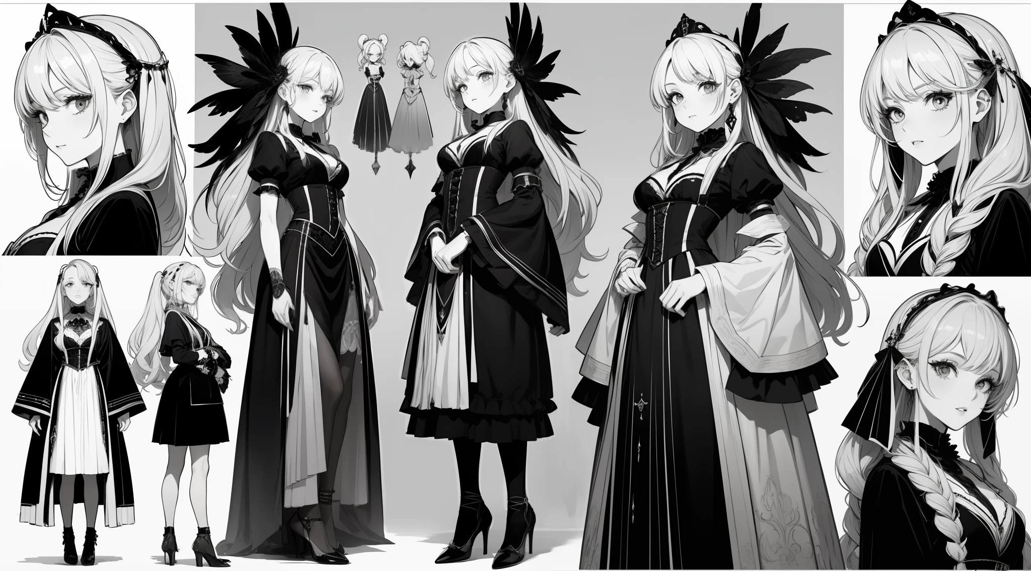 Three-view of roles，character  design，Character design，Three View，full bodyesbian，frontage，Lateral face，on  back，Set，Lolita prostitute，Very gorgeous，Maximalism，extreme hight detail，RococoStyle，Super long hair，Complex accessories，Complex hairstyles，Jewelled
