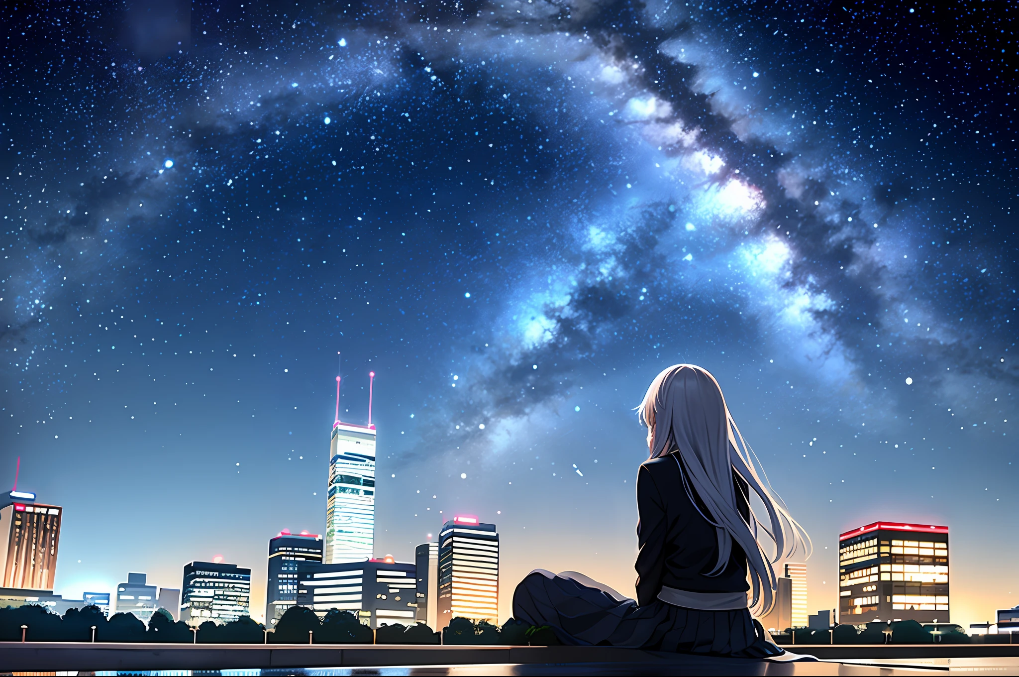 octane, sky, Star (sky), scenery, Starry sky, Night, 1girll, Night sky, Solo, Outdoors, signatures, Building, Cloud, Milky Way, Sitting, tree, a white long skirt，long whitr hair, City, Silhouette, Cityscape