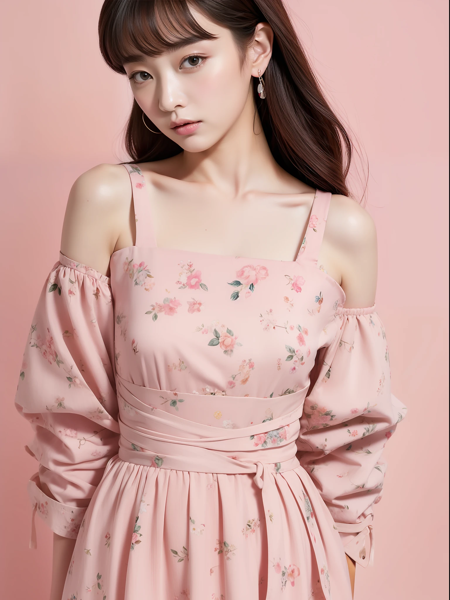 Mina Magazine，Live magazine，Stain magazine，Japanese fashion magazine，Creative floral makeup，Portrait photography，Portrait above the waist，pink back ground