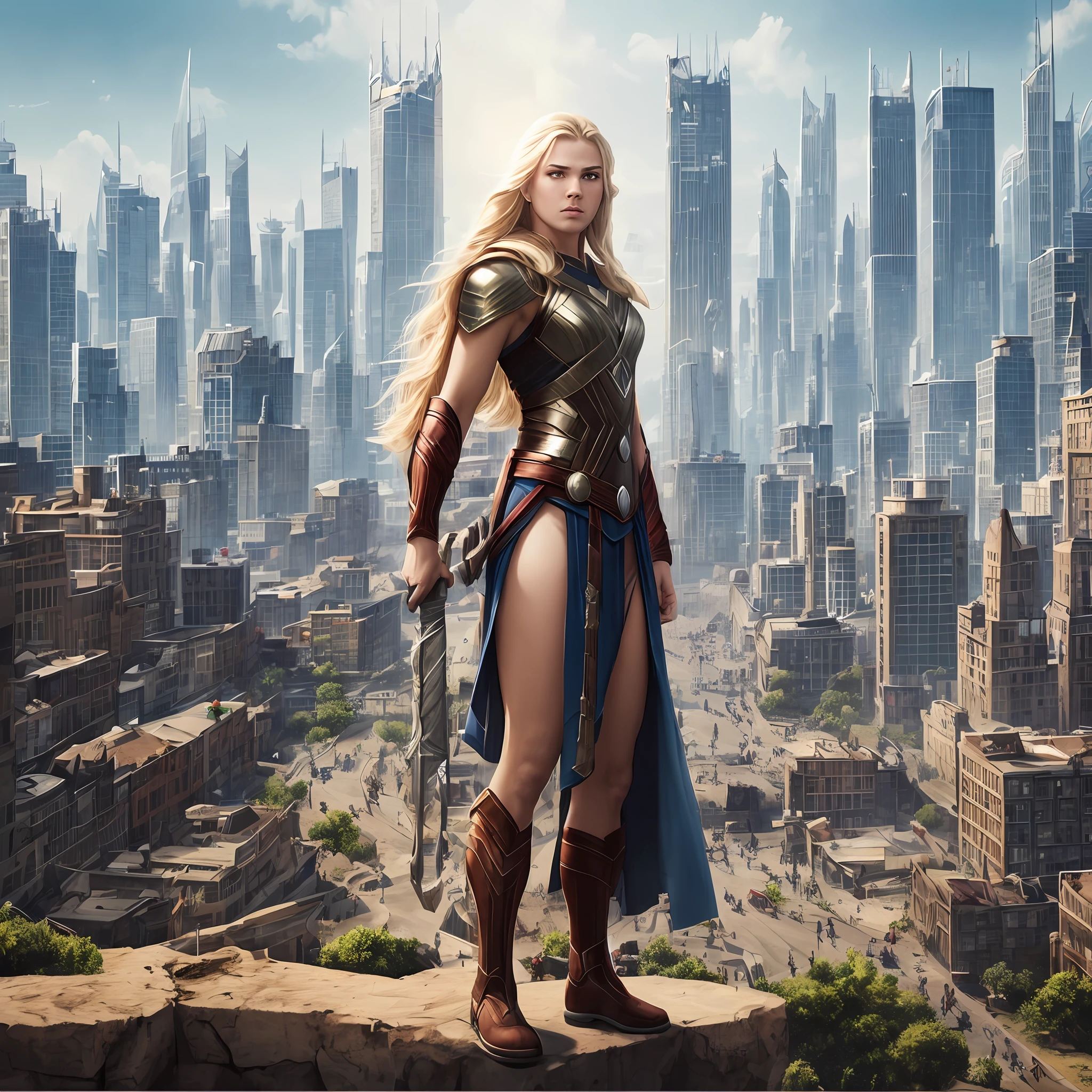 4k, realistic, carismatic, very detail, there is a girl on top city, wearing thor costum, she is a thor, white super hero theme, white long hair, 25 years old, full body --auto