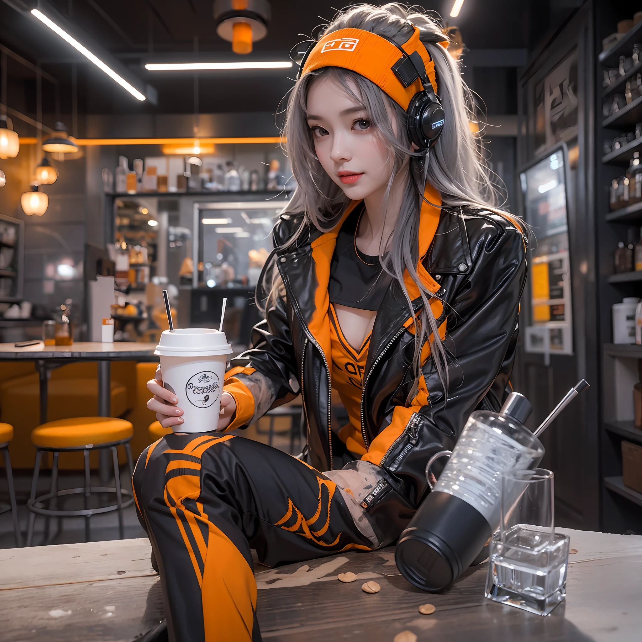 Best quality,tmasterpiece,Ultra-high resolution fills the picture,Indoor at night,Cafe in the sky,Orange color scheme for the café,There was coffee and wine,the night,inside in room,Orange neon color scheme,Silver-white hair,Black fashion clothing,Orange and black matching outfits,boxer,Cafe beautiful girl,cyberpunk backgrouns,The background is colorful,Lateral face,Smiling,Various laid-back poses,Perfect makeup,Love eyes,8K quality,cyber punk perssonage,sense of science and technology,Character backlighting,rim-light,Movement changes,Flowing hairstyle,Loose hairstyle,The number of fingers is refined,The most beautiful girl in mankind,Wear a headband,Wear delicate accessories,Delicate close-up of the face,Realistic image quality,Super light and shadow,Very good figure,Meticulous,Have a cup or coffee on the roof in the evening,Very good figure,Raised sexy,luminous,Cool,Very stylish café
