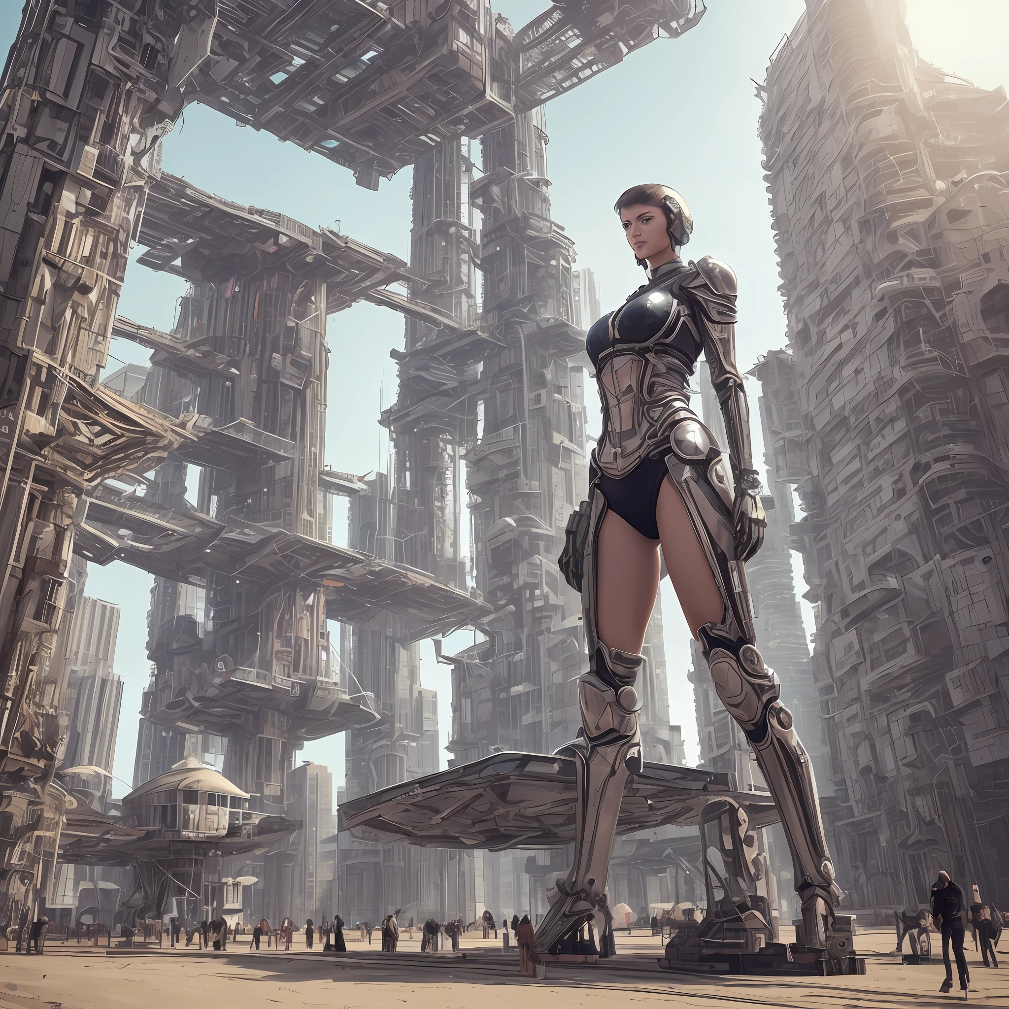 Best quality, delicate face, 25-year-old girl, slim body, body made of metal, large bust, metal structural skeleton, seaside, standing posture, beach, huge spaceship floating in the air, cyberpunk, sci-fi --auto