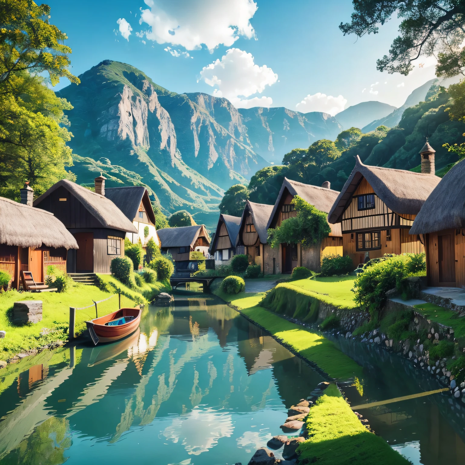 4k, lush green beautiful village with small beautiful cottages, river, curved wooden bridge, boats, --auto