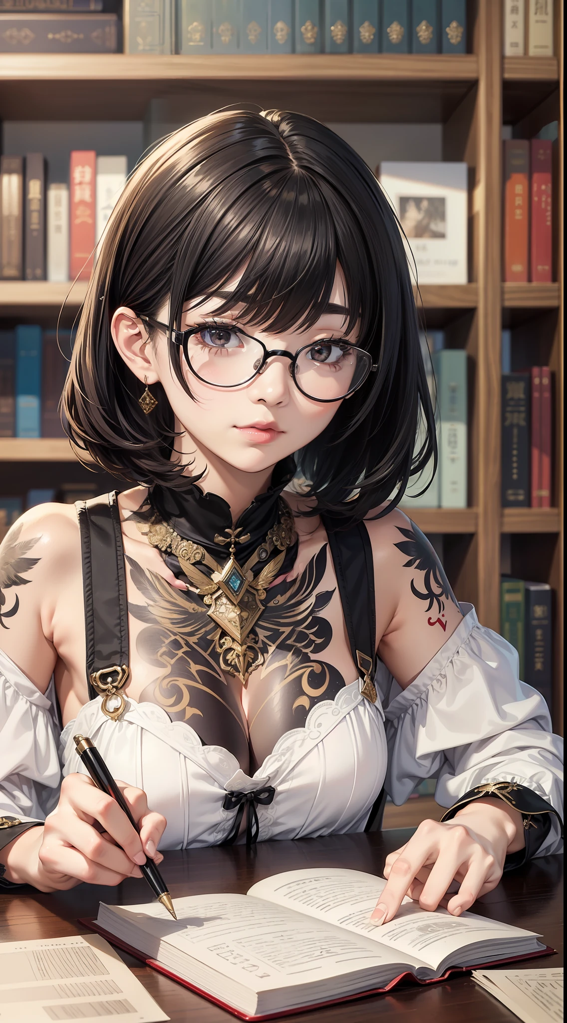 (masterpiece:1.3)、(top-quality)、(in 8K,4K),(Intricate details)、reallistic、(1girl in:1.8)、独奏、(White dress、Black-rimmed glasses)、20yr old、short-cut、Red hair、Black eyes、((Students of the Faculty of Literature))、calm character、Height 158cm、slim figure,(Feather tattoo:1.2)、 My hobby is writing novels、Bookshelves are your favorite novels and picture books、Interested in tea and baked goods、I like napping
