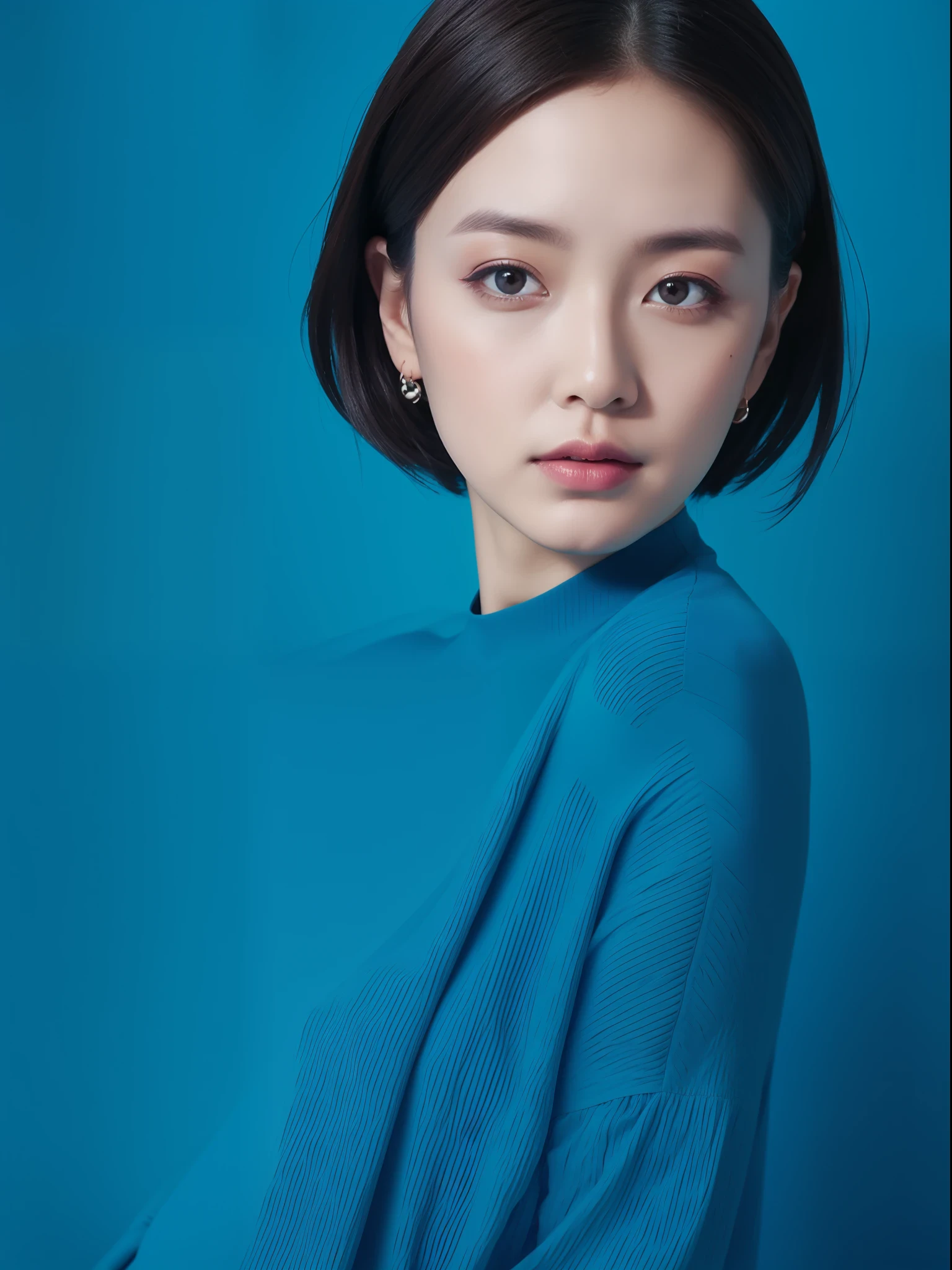 Mina Magazine,Live magazine,Stain magazine,Japanese fashion magazine,Creative makeup,Portrait photography,Portrait above the waist,blue backdrop