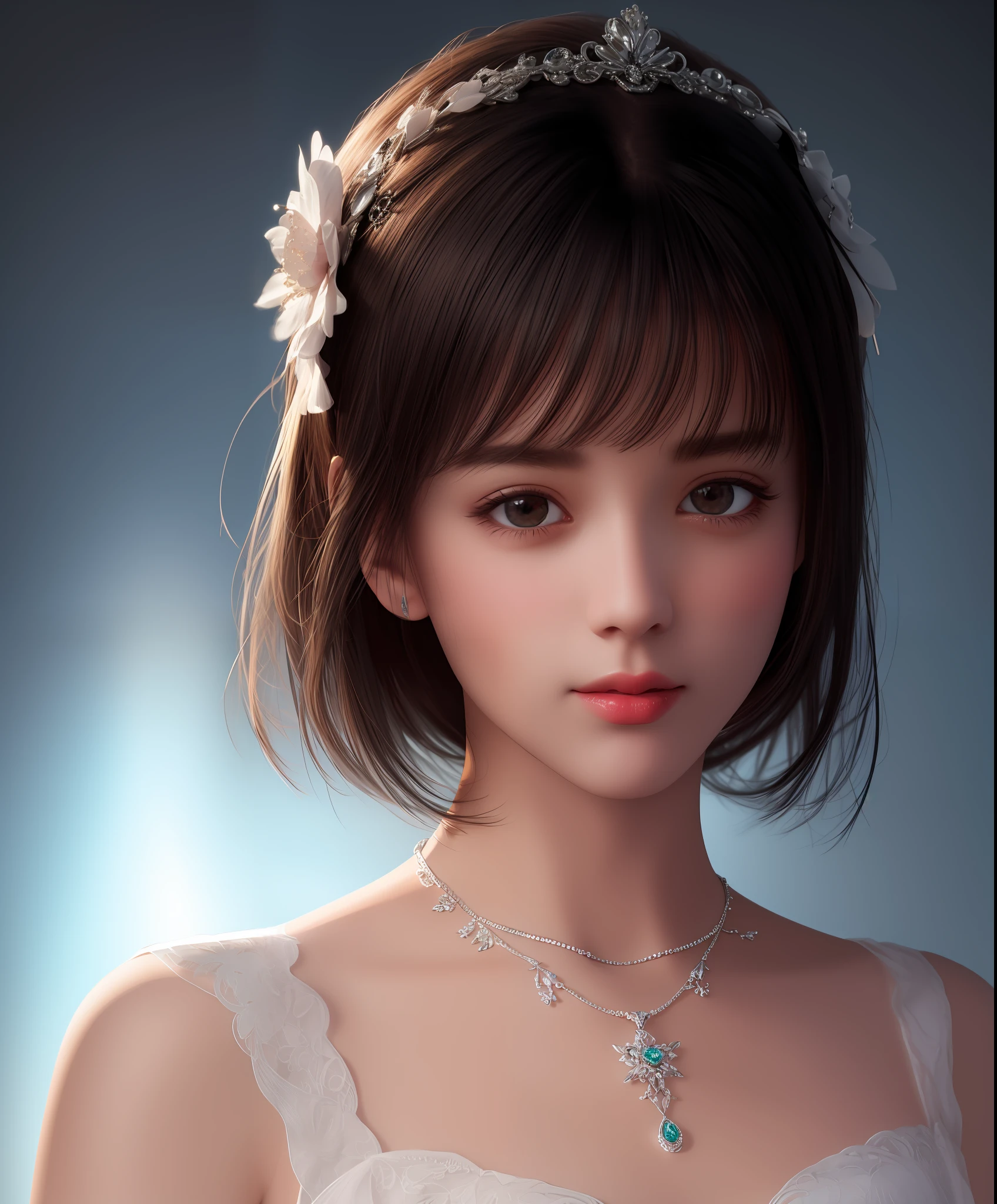 Best quality, masterpiece, high resolution, 1girl, porcelain dress, hair accessories, necklace, jewelry, beautiful face, on the body, Tyndall effect, realistic, dark studio, edge lighting, two-tone lighting, (high detail skin: 1.2), 8k UHD, dslr, soft light, high quality, volumetric light, candid, photo, high resolution, 4k, 8k, background blur,