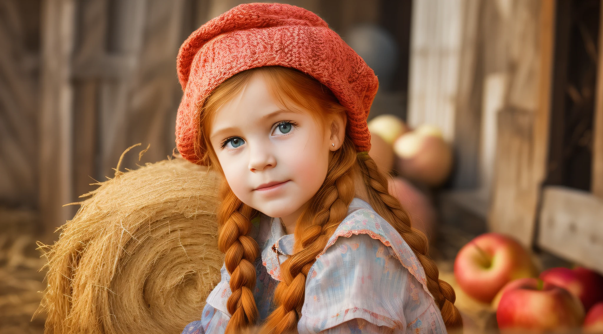 Russian style, children girl, portrait, long red hair of braids with hat, farmer style, with rolls of hay and wheat and horse, barns, apples.