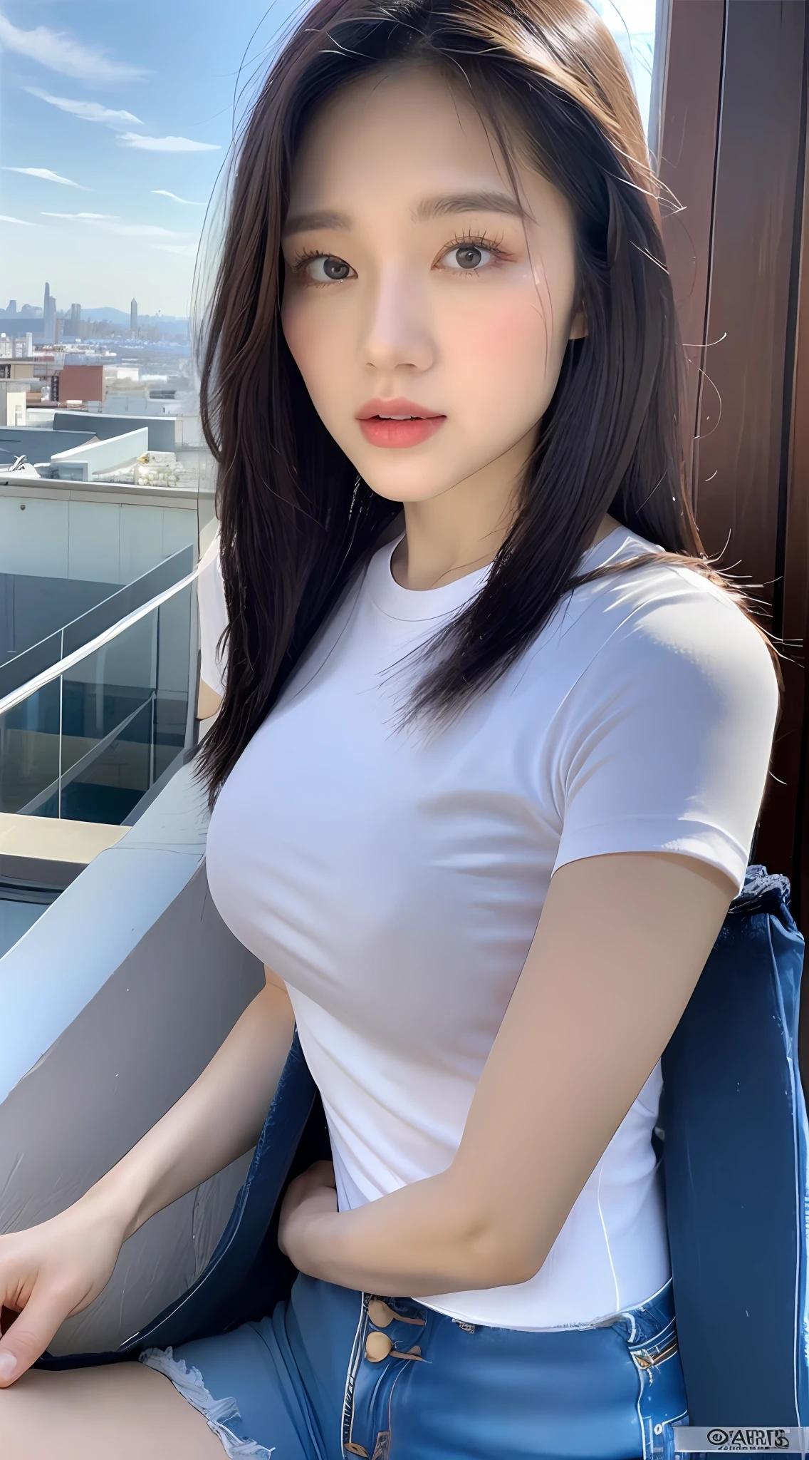 ((Midnight, Best quality, 8k, Masterpiece :1.3)), Whole body, Long legs, Sharp focus :1.2, A pretty woman with perfect figure :1.4, Slender abs :1.1, ((Dark brown hair, Big breasts :1.2)), (White tight tshirt, Jean bib, Standing:1.2), ((Night city view, Rooftop:1.3)), Highly detailed face and skin texture, Detailed eyes, Double eyelid