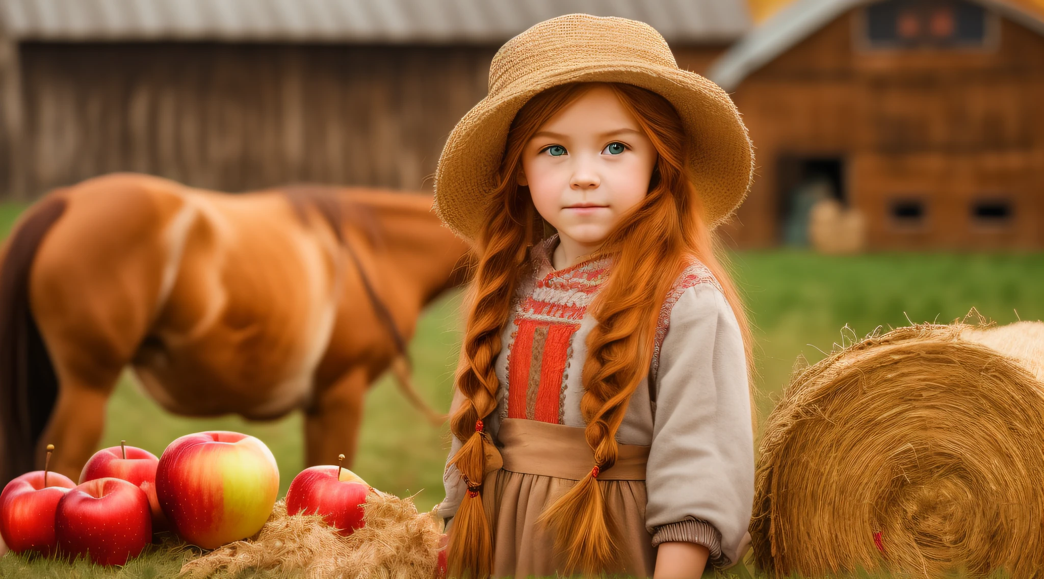 Russian style, children girl, portrait, long red hair of braids with hat, farmer style, with rolls of hay and wheat and horse, barns, apples.