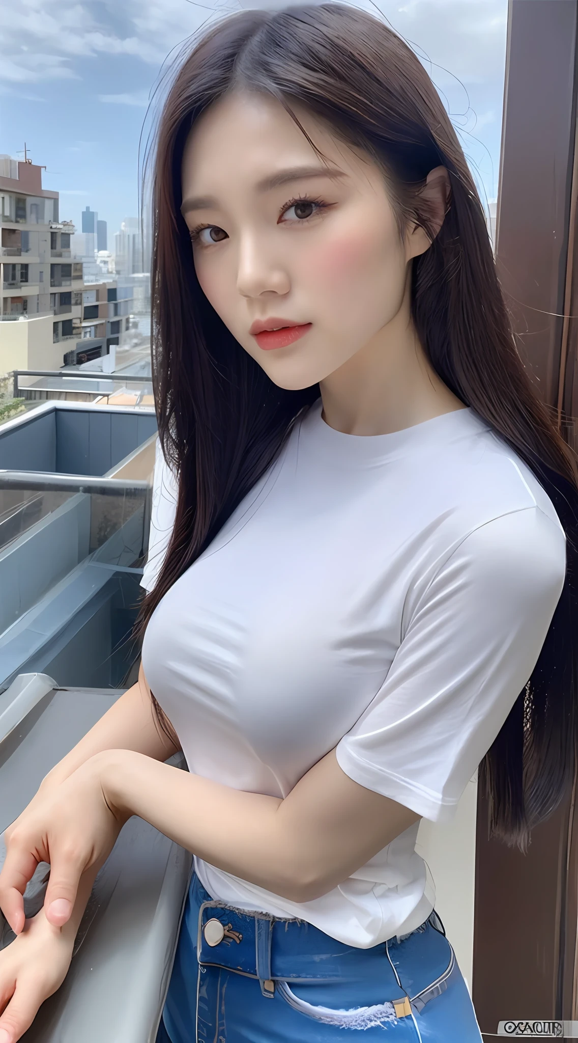 ((Midnight, Best quality, 8k, Masterpiece :1.3)), Whole body, Long legs, Sharp focus :1.2, A pretty woman with perfect figure :1.4, Slender abs :1.1, ((Dark brown hair, Big breasts :1.2)), (White tight tshirt, Jean bib, Standing:1.2), ((Night city view, Rooftop:1.3)), Highly detailed face and skin texture, Detailed eyes, Double eyelid