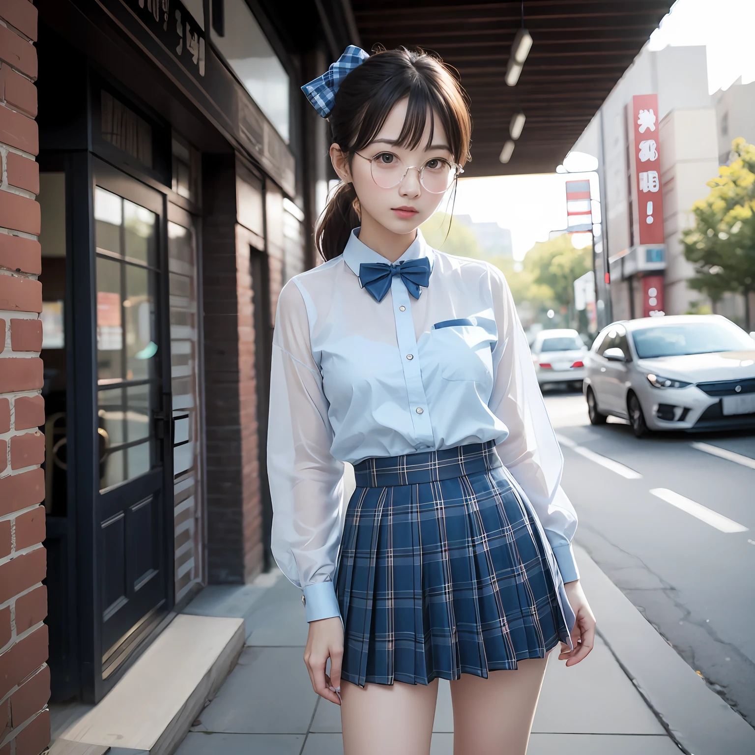 (8K、Raw photography、top-quality、masterpiece:1.2),full body Esbian,masterpiece,top-quality、超A high resolution,Raw photo,ren,Beautiful fece,One Person, 独奏,eye glass,,Dark look,Small breasts,fullllbody,Round glasses、cute little、A Japanese Lady,is standing,(Tight eyes,Bullish,skinny,Rasping,irate,small tits,flat breast)、(Photorealsitic:1.37)、Photon mapping,Light blue ribbon,Realistic、Cute little face,Brown-eyed、Black socks、Red bow tie、Radio City、Physically Based Rendering、Foreground、depth of fields、Blurry background、a picture,The girls、Body, Long legs, Thin leg, Single knot ponytail,Let your hair flow forward、(Bangs are visible), hair, s lips, Blue_The eye, nosesoft, Light blue shirt, Navy blue and blue and white plaid pleated skirt, Sheer clothing,, Thigh, Black cotton socks,Nogizaka Idol, 女優, Japanese ido