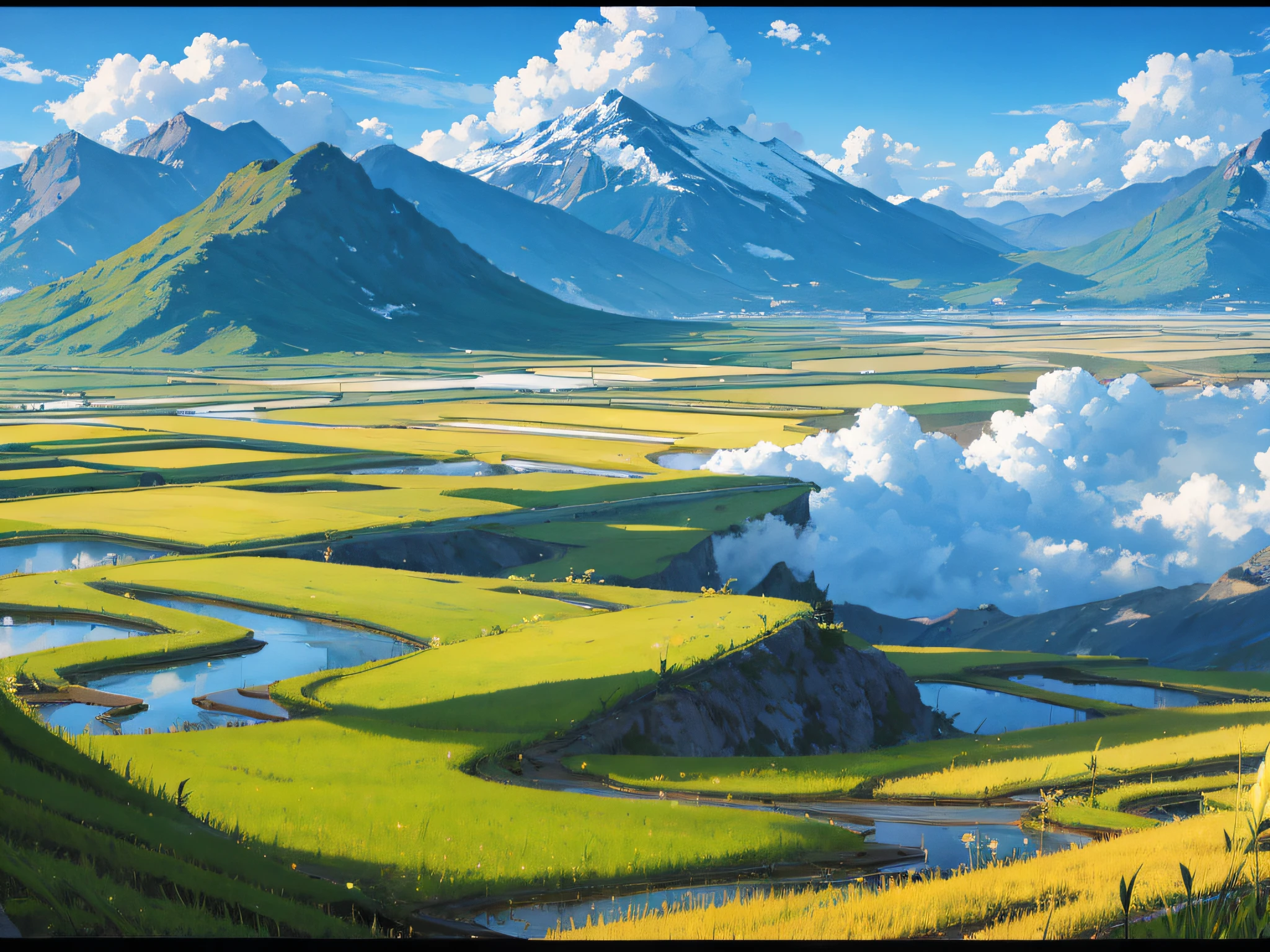 Scenery,ricefield,small stream,Mountains,with blue sky and white clouds --auto